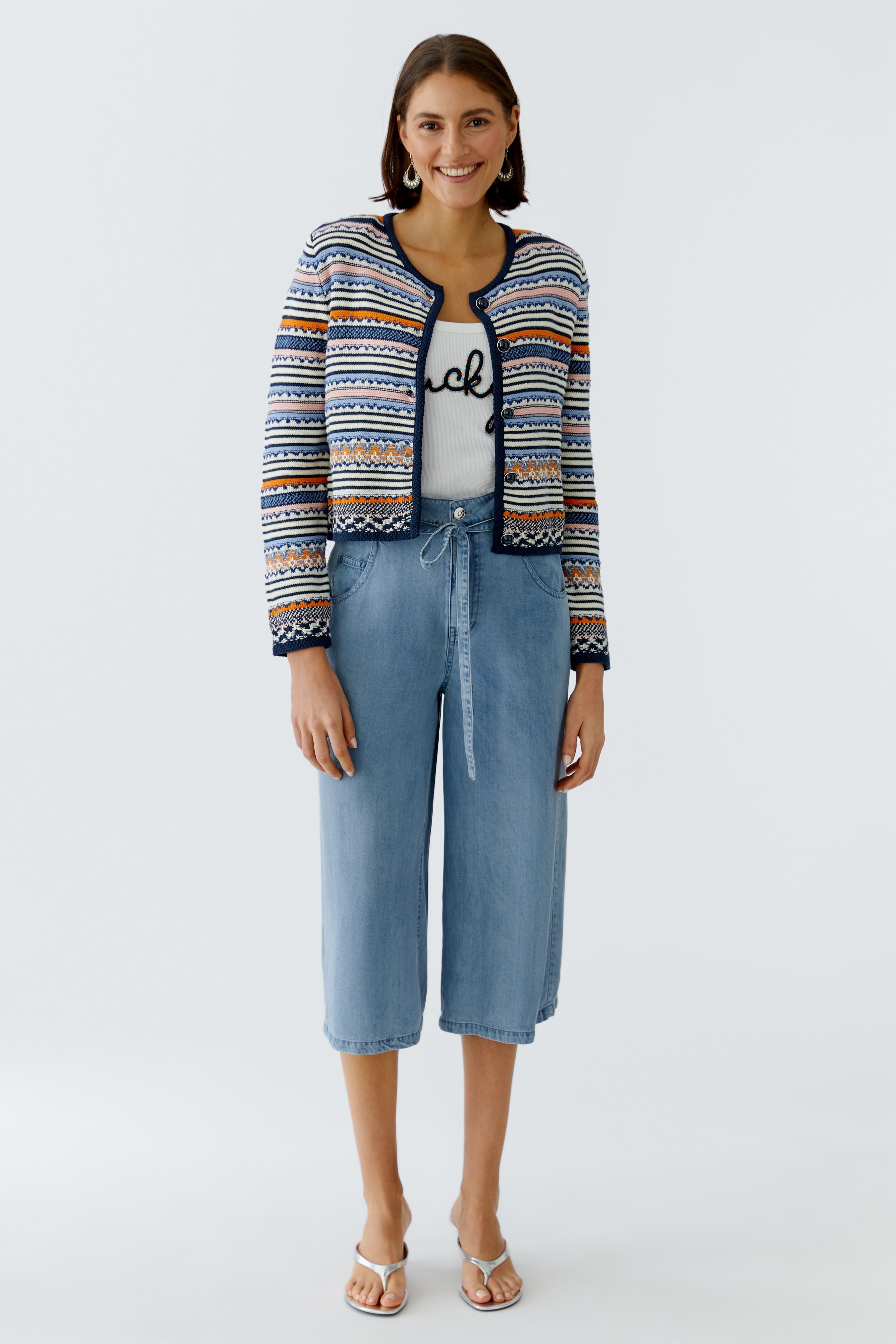 Oui cropped striped knit jacket full outfit look
