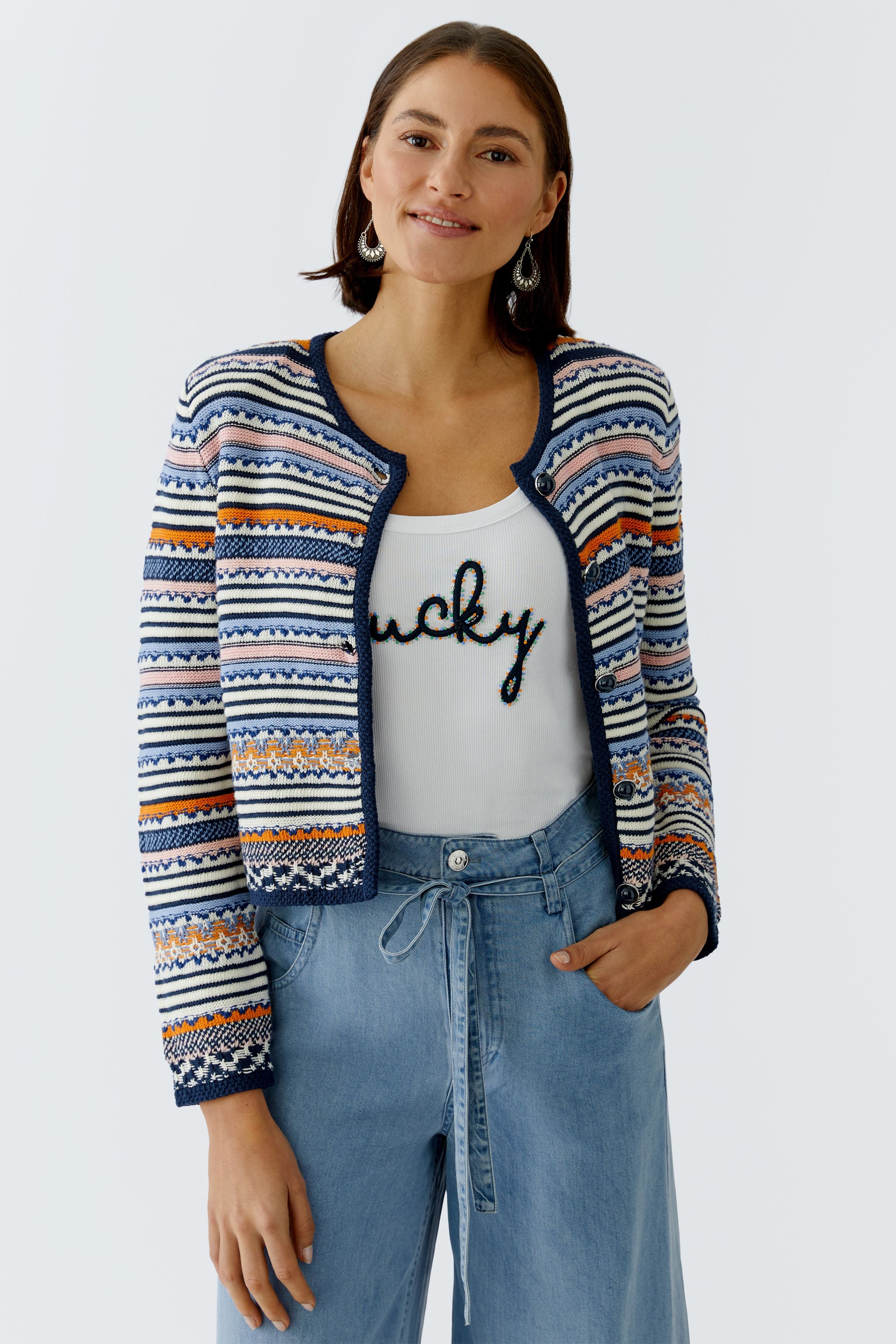 Oui navy cream striped knit jacket cropped cardigan with lucky t-shirt underneath