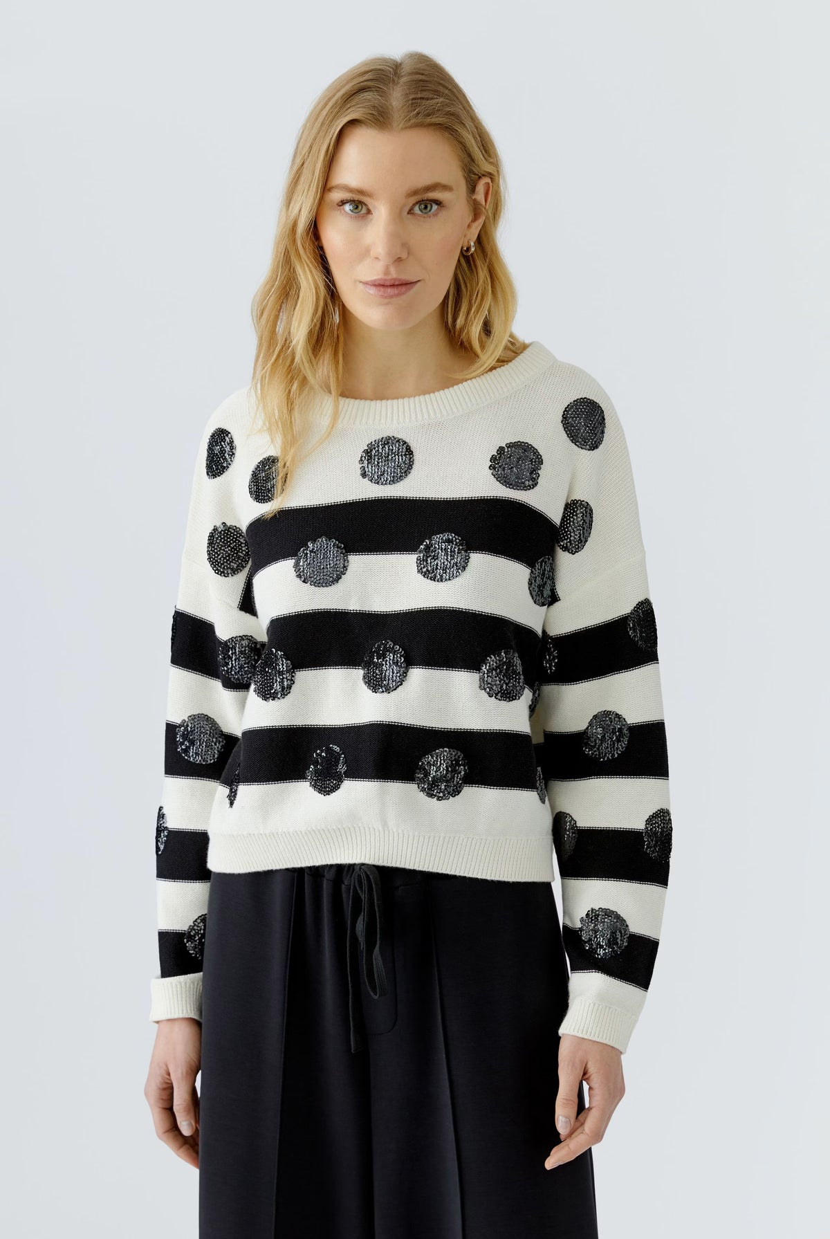 Oui black and white striped sequin dot cotton jumper – front model view