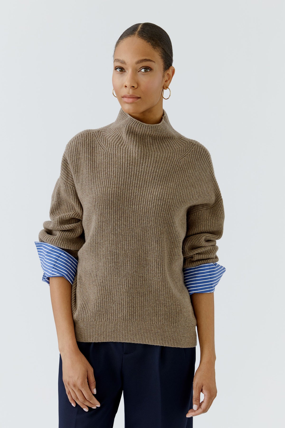 Oui taupe oversized ribbed turtleneck jumper with striped cuffs – full front model view