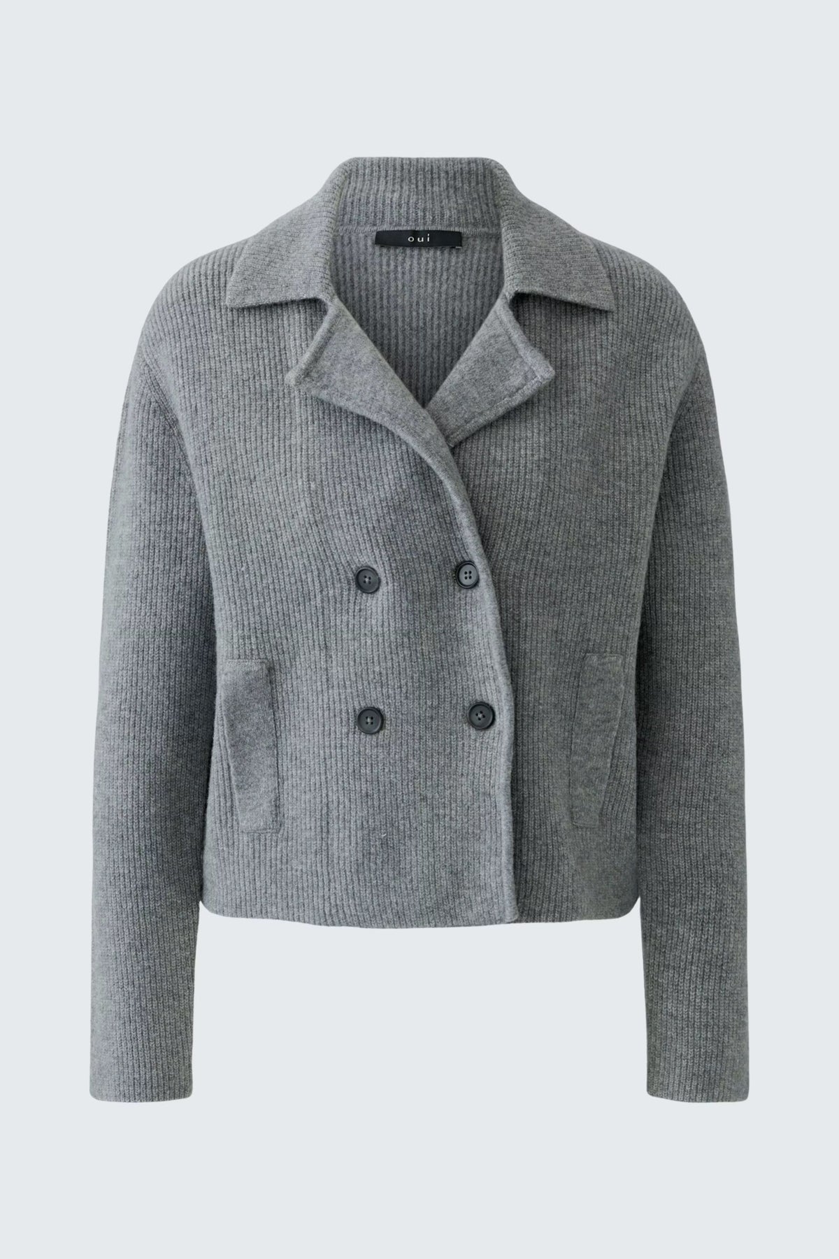 Oui grey double-breasted knitted jacket with classic lapels – product front view