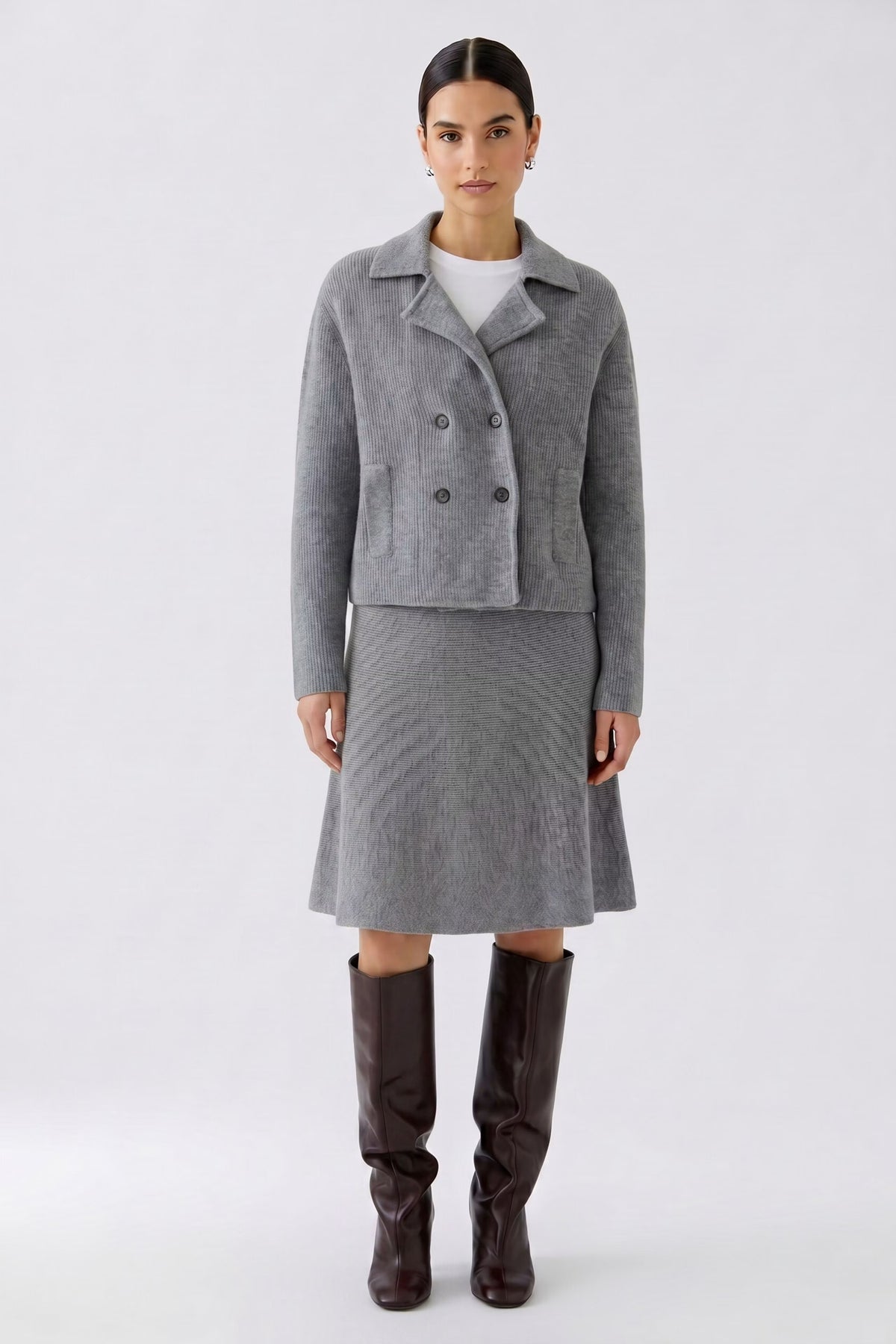Oui grey wool blend knitted jacket styled with matching skirt – full outfit view