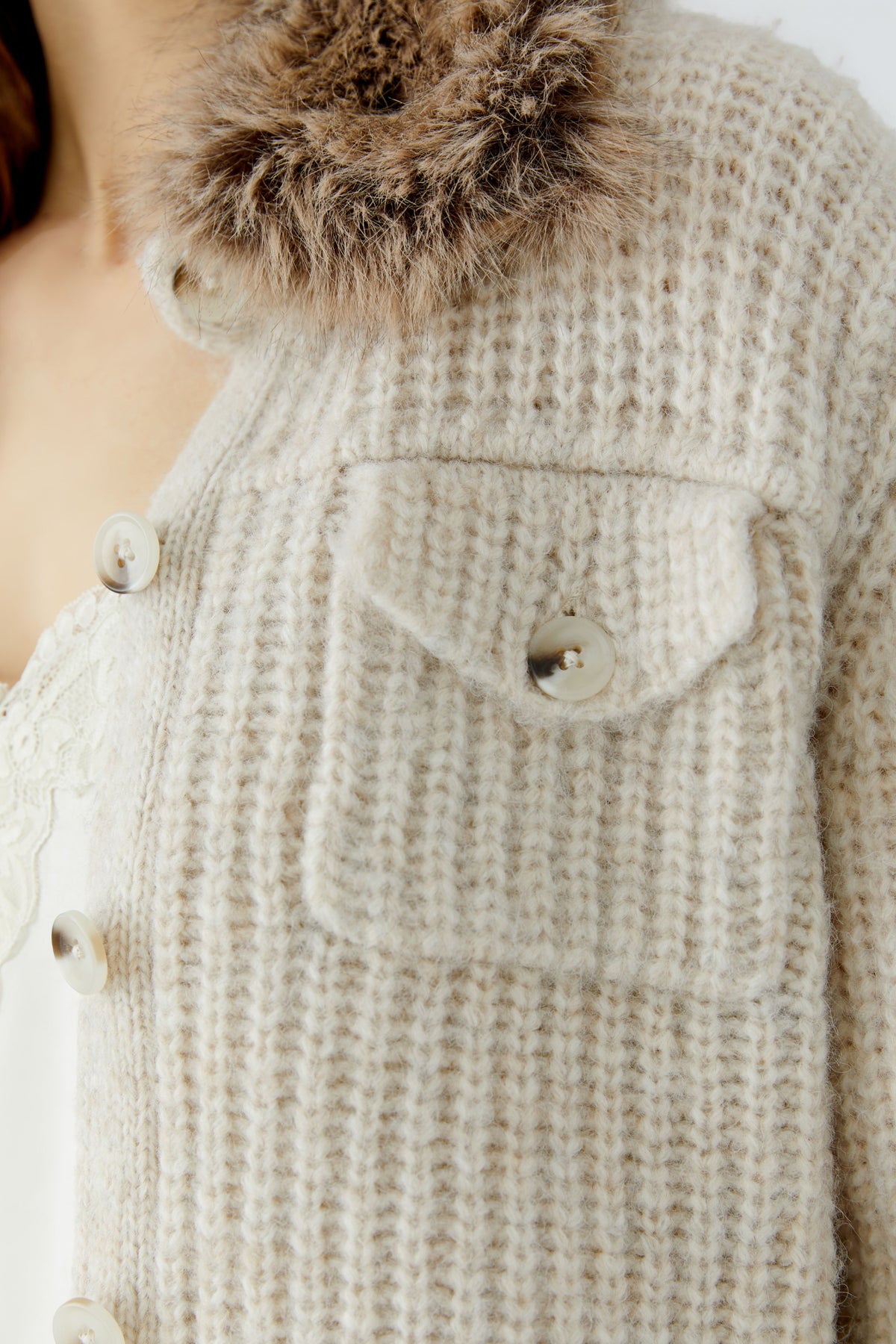 Oui beige ribbed cardigan with buttoned flap chest pocket – detail view