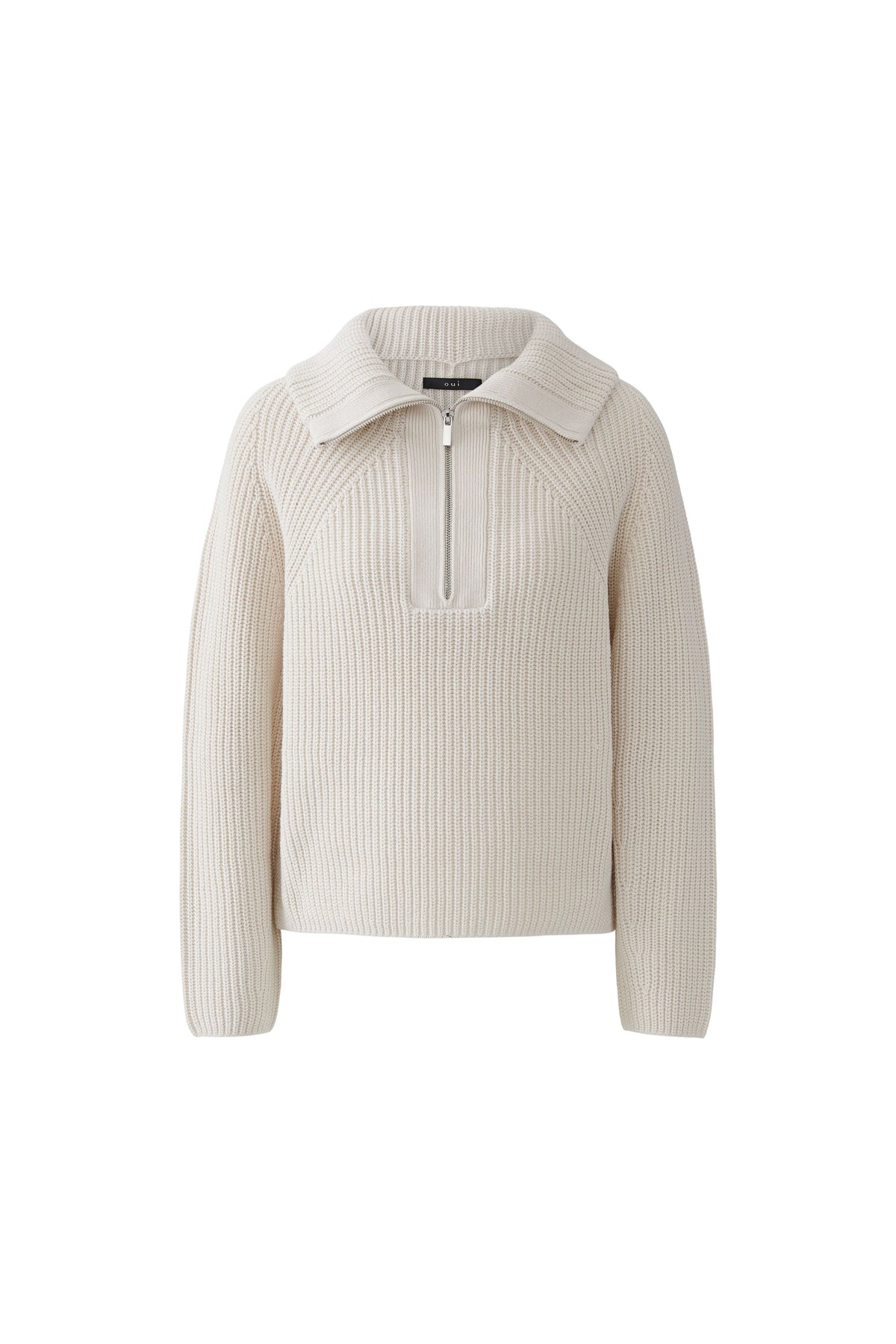 Oui cream ribbed cotton blend half zip jumper – front product view