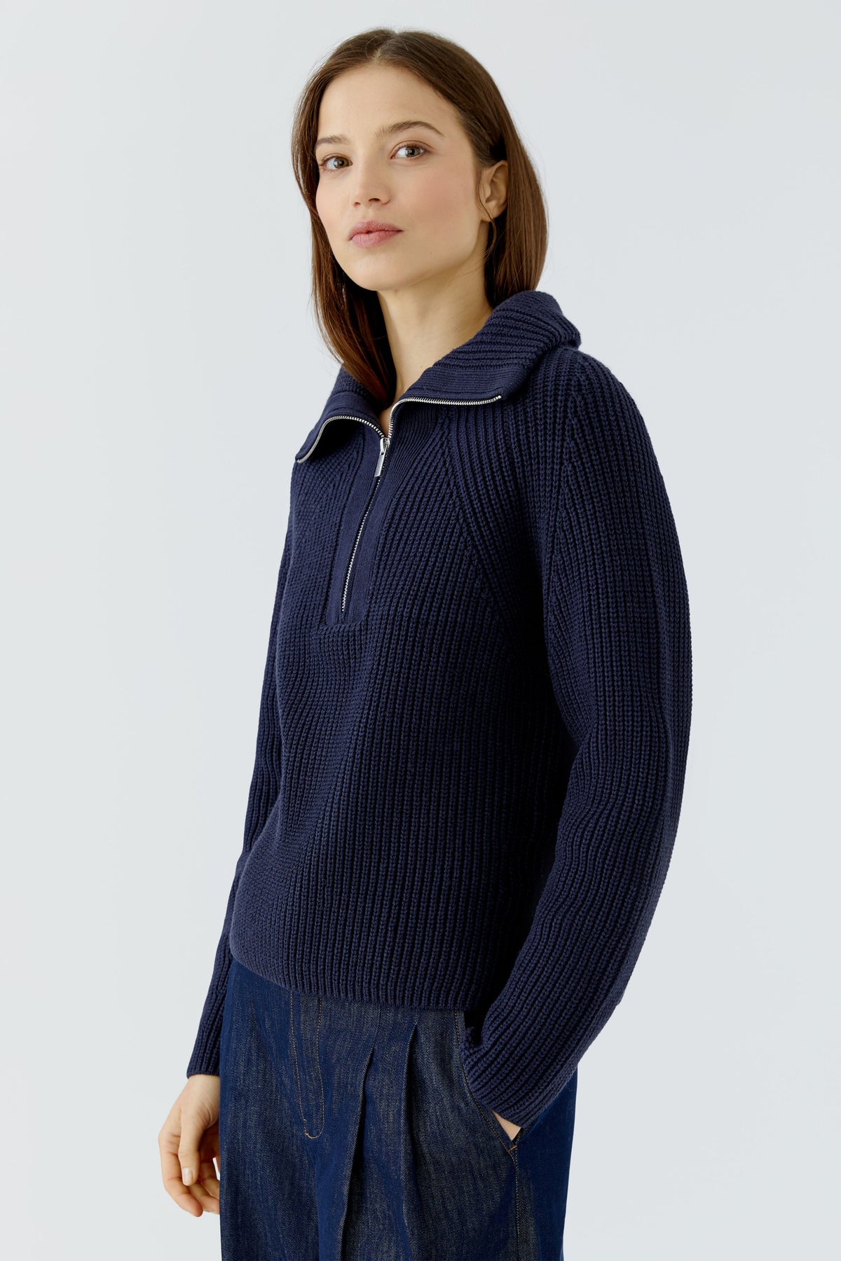 Oui navy ribbed half zip jumper with wide collar – three-quarter model view