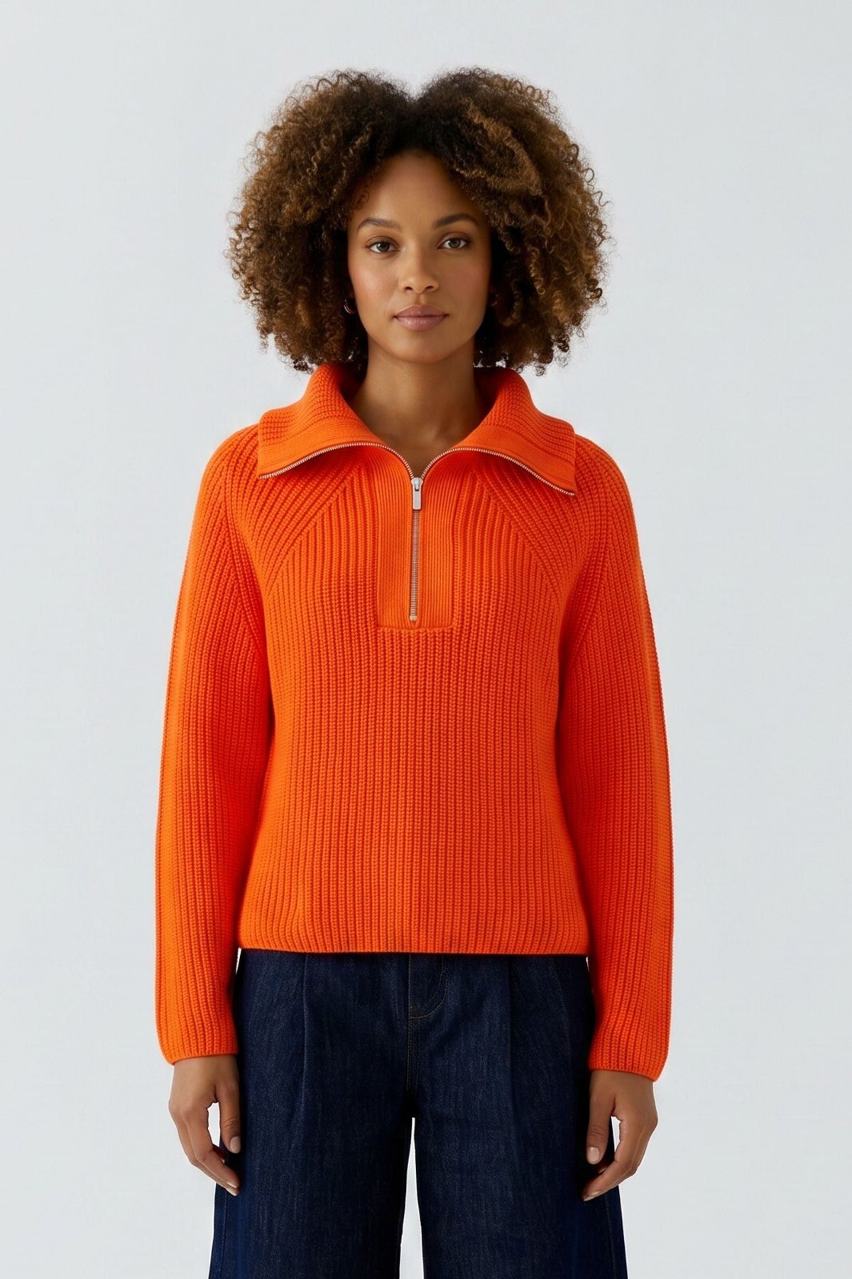Oui bright orange ribbed half zip jumper with wide collar – front model view