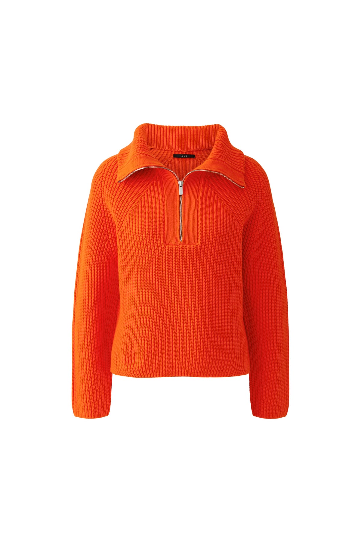 Oui bright orange ribbed cotton blend half zip jumper – front product view