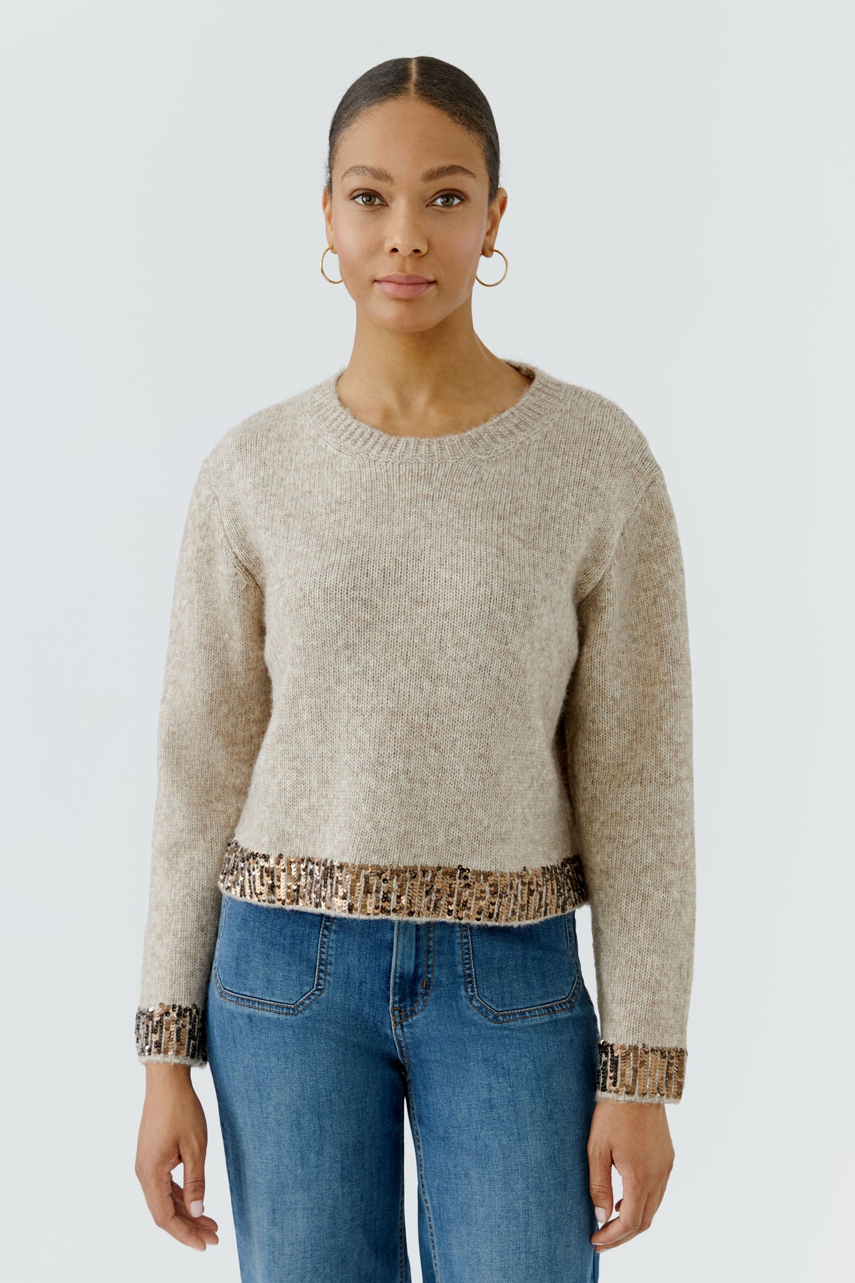 Oui beige sequin trim wool blend jumper – front model view
