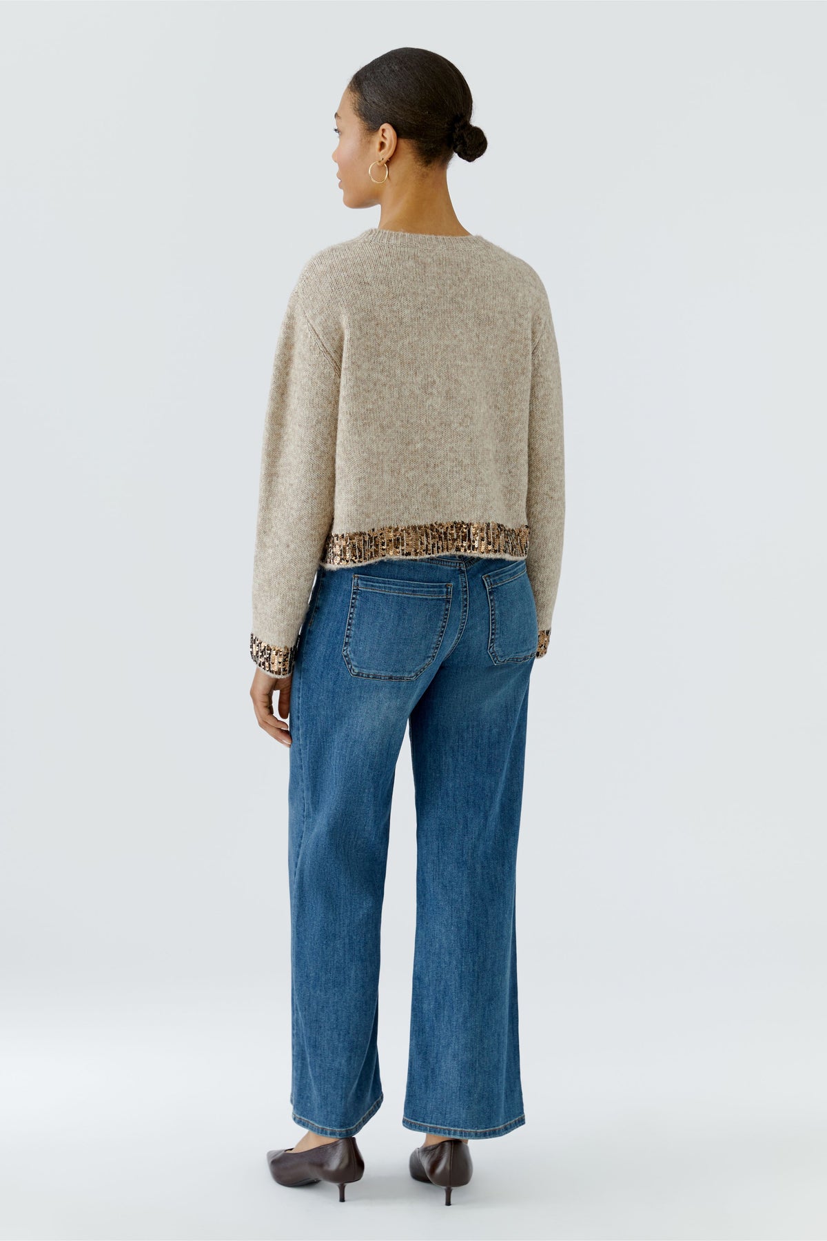 Oui beige cropped wool blend jumper with sequin cuffs – back model view