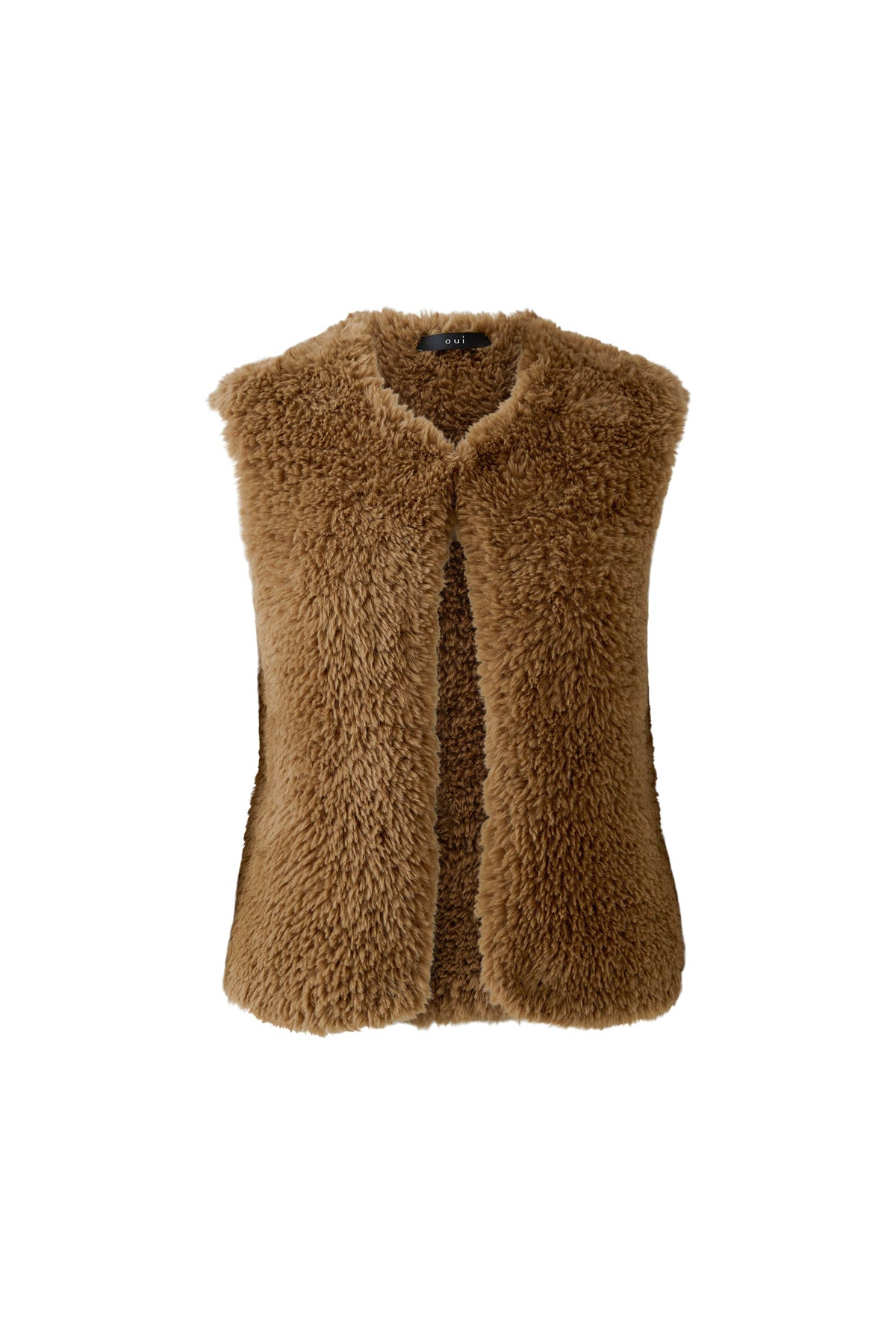 Oui brown short faux fur gilet with seamless knitted finish – product front view