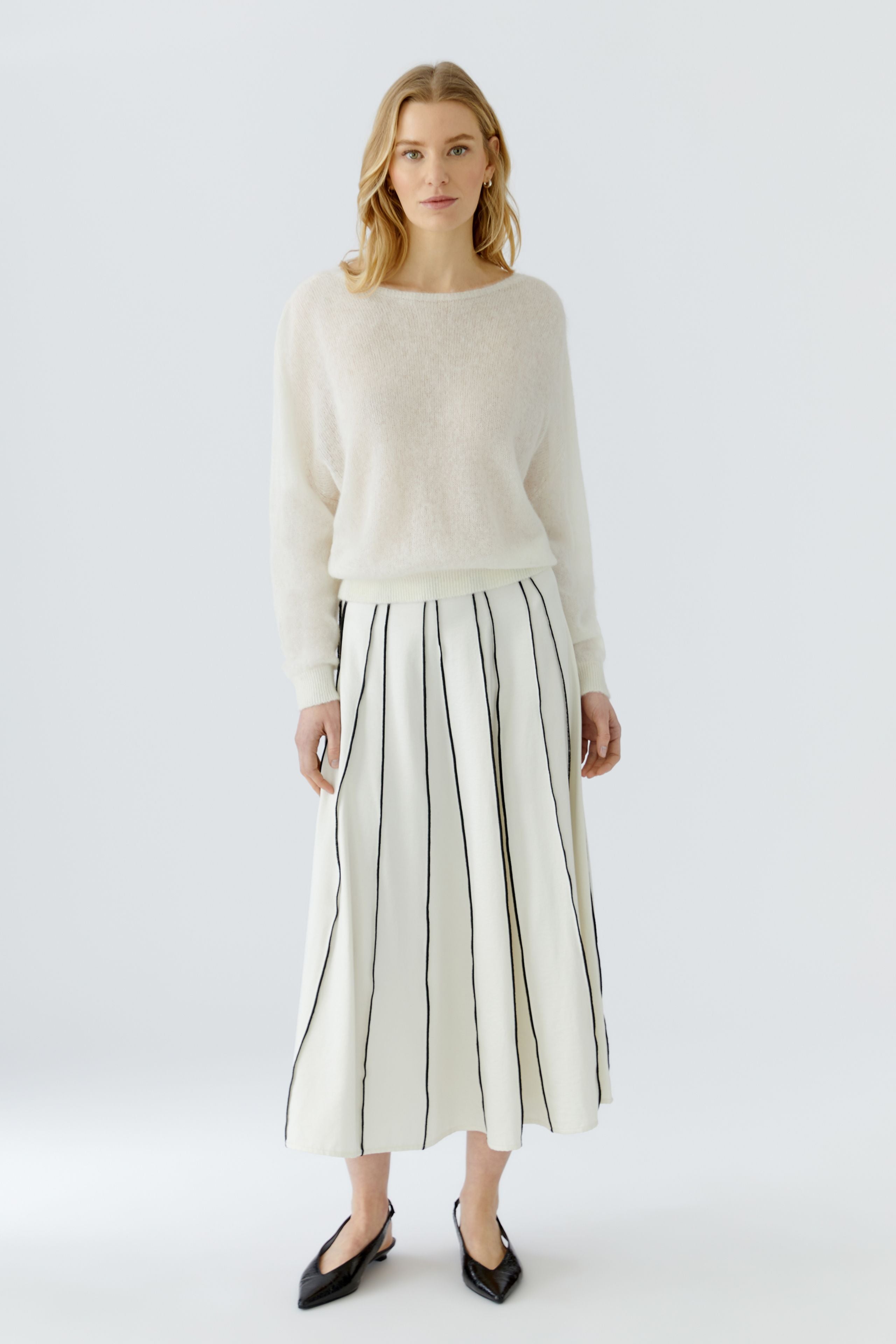 Oui pleated midi skirt styled with cream knit jumper