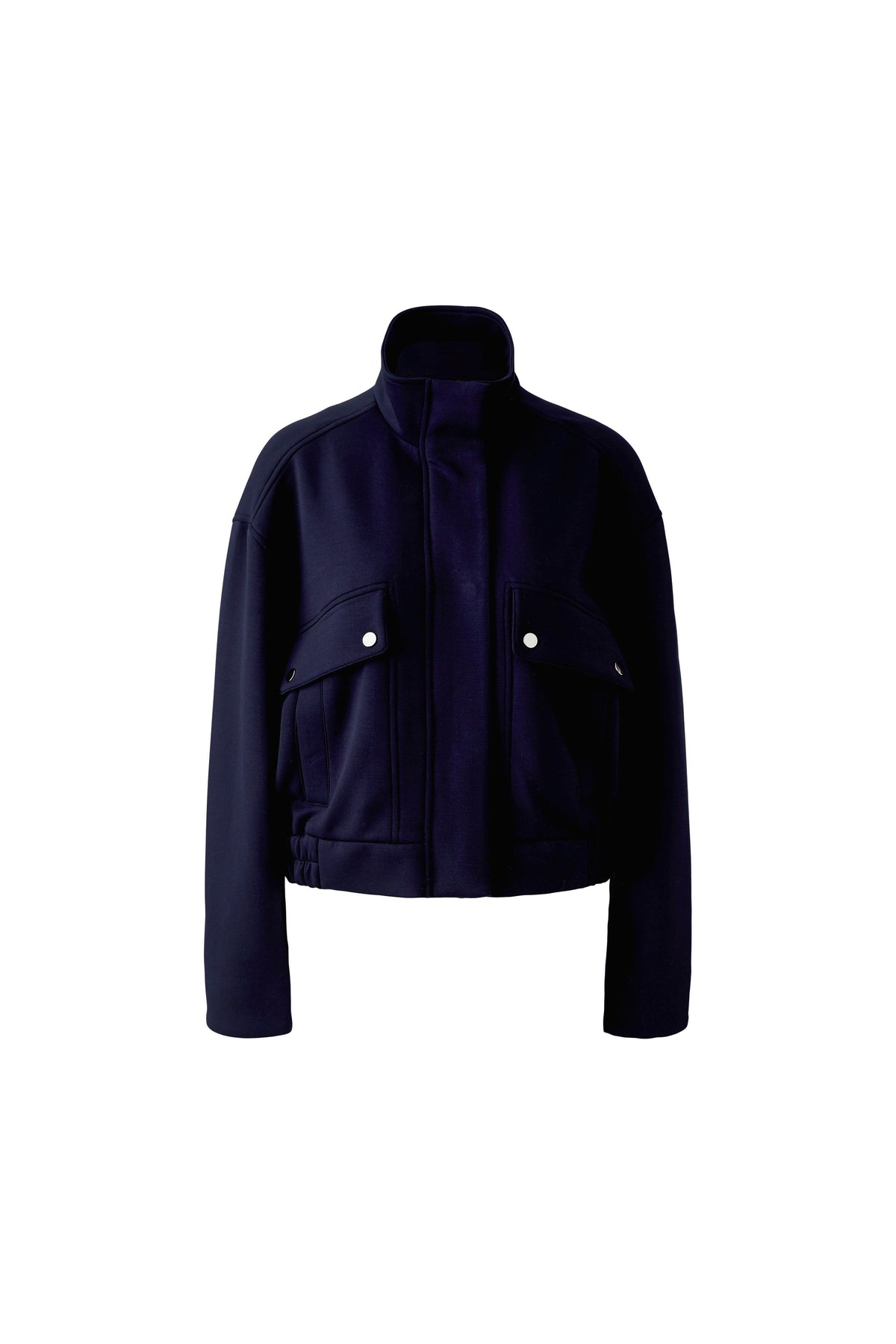 Oui navy jersey jacket with high collar and buttoned flap pockets – front product view