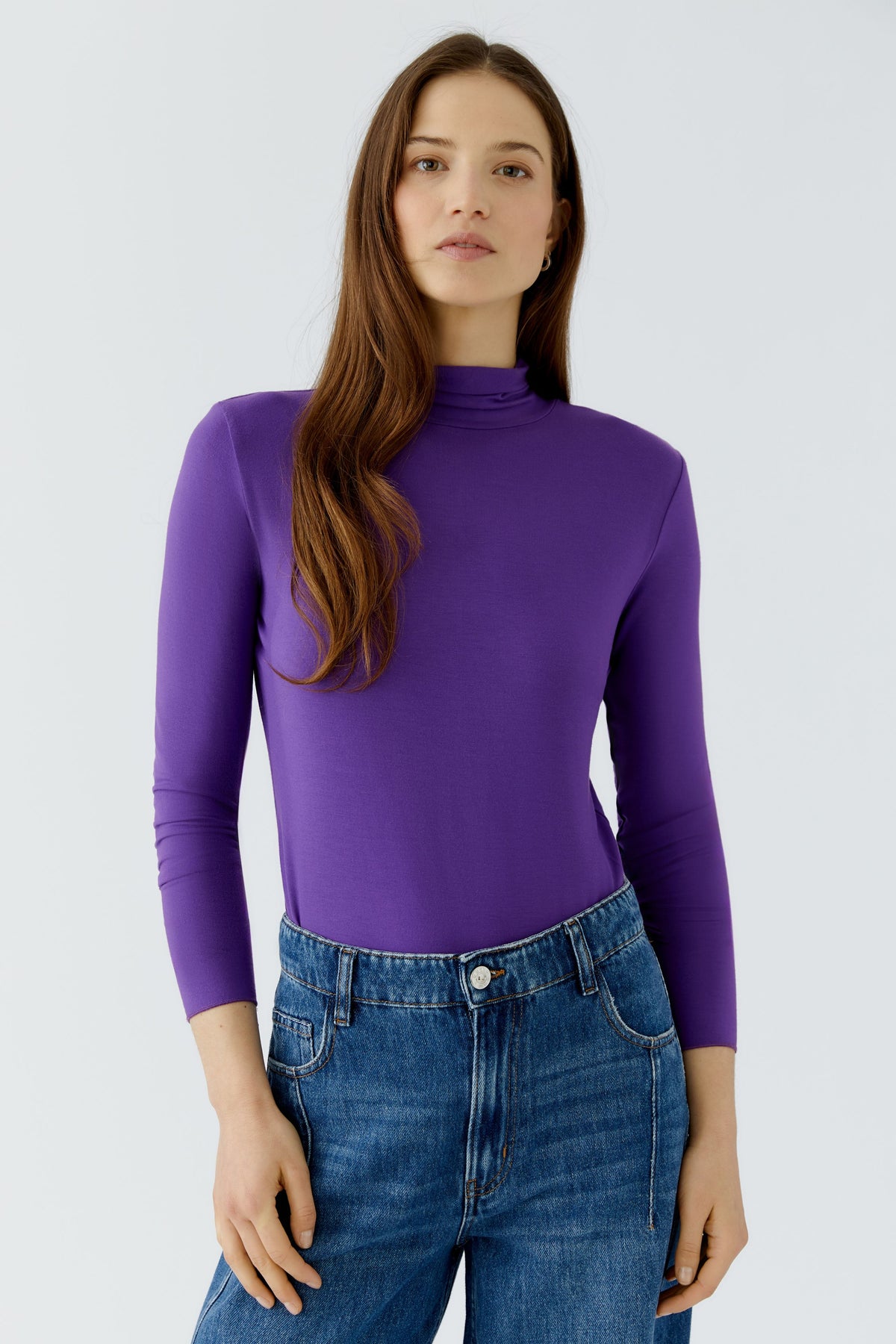 Oui Amaranth Purple modal jersey polo neck top – front model view