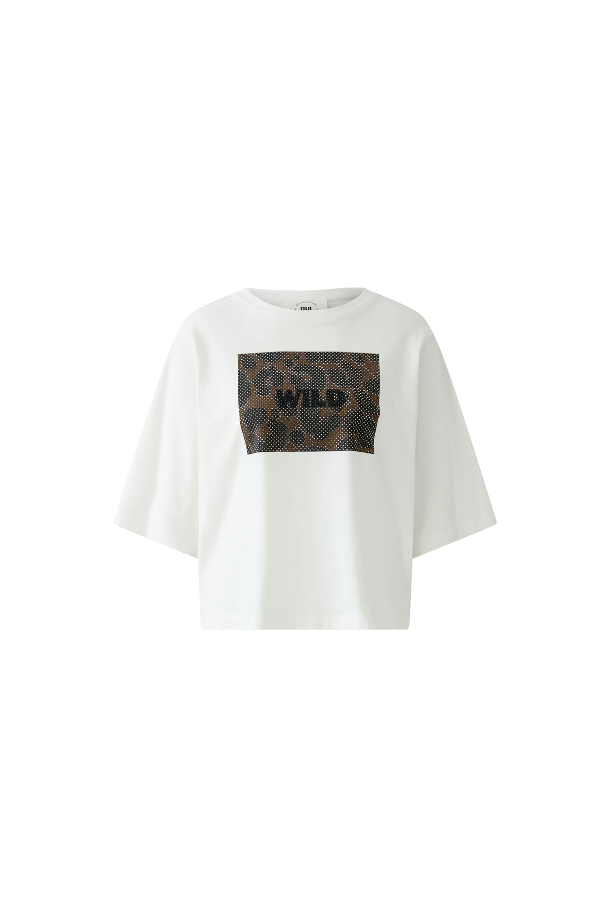 Oui Wild white stretch cotton leopard print T-shirt – product front view