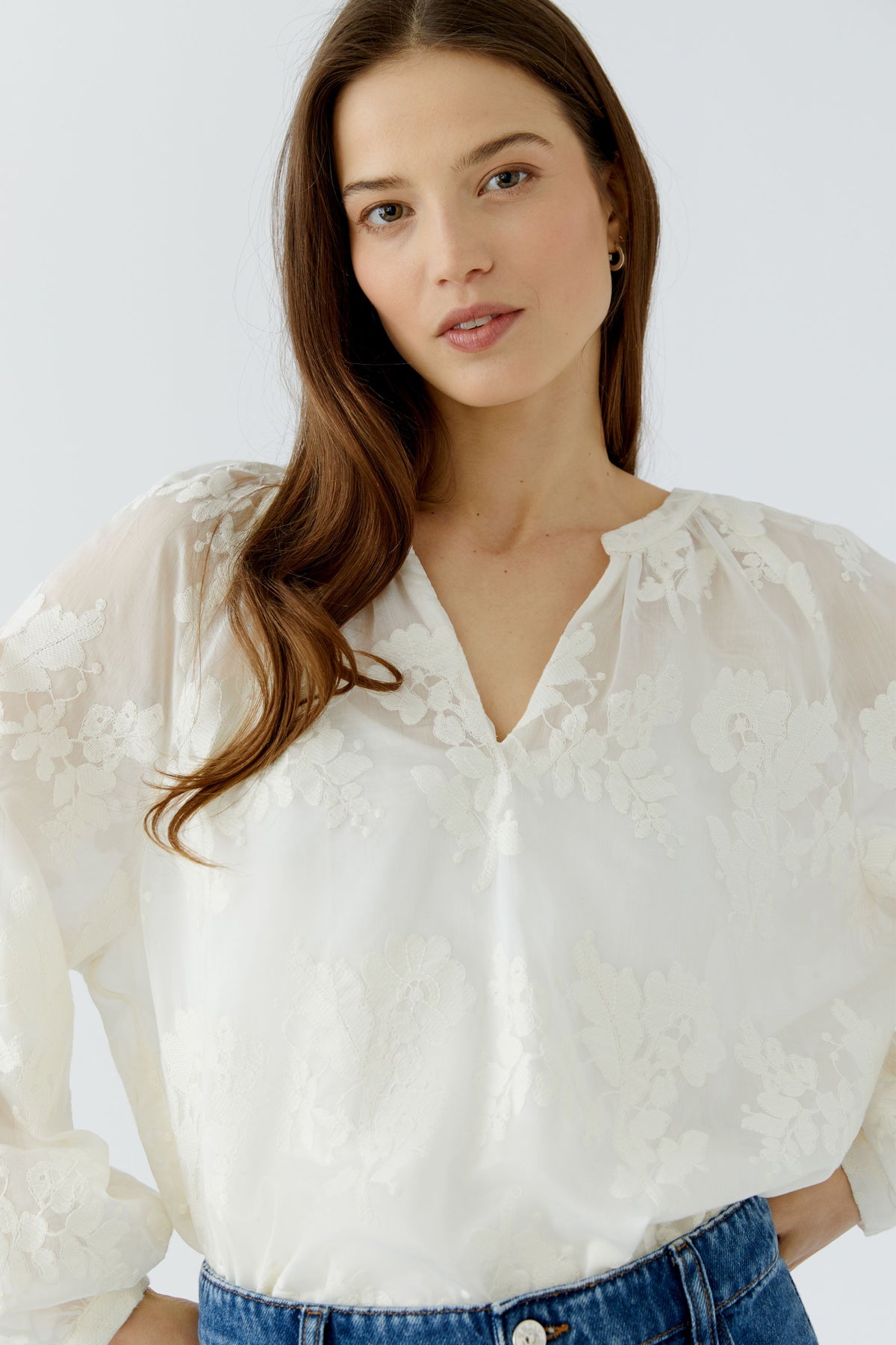 Oui embroidered floral blouse – tunic neckline detail