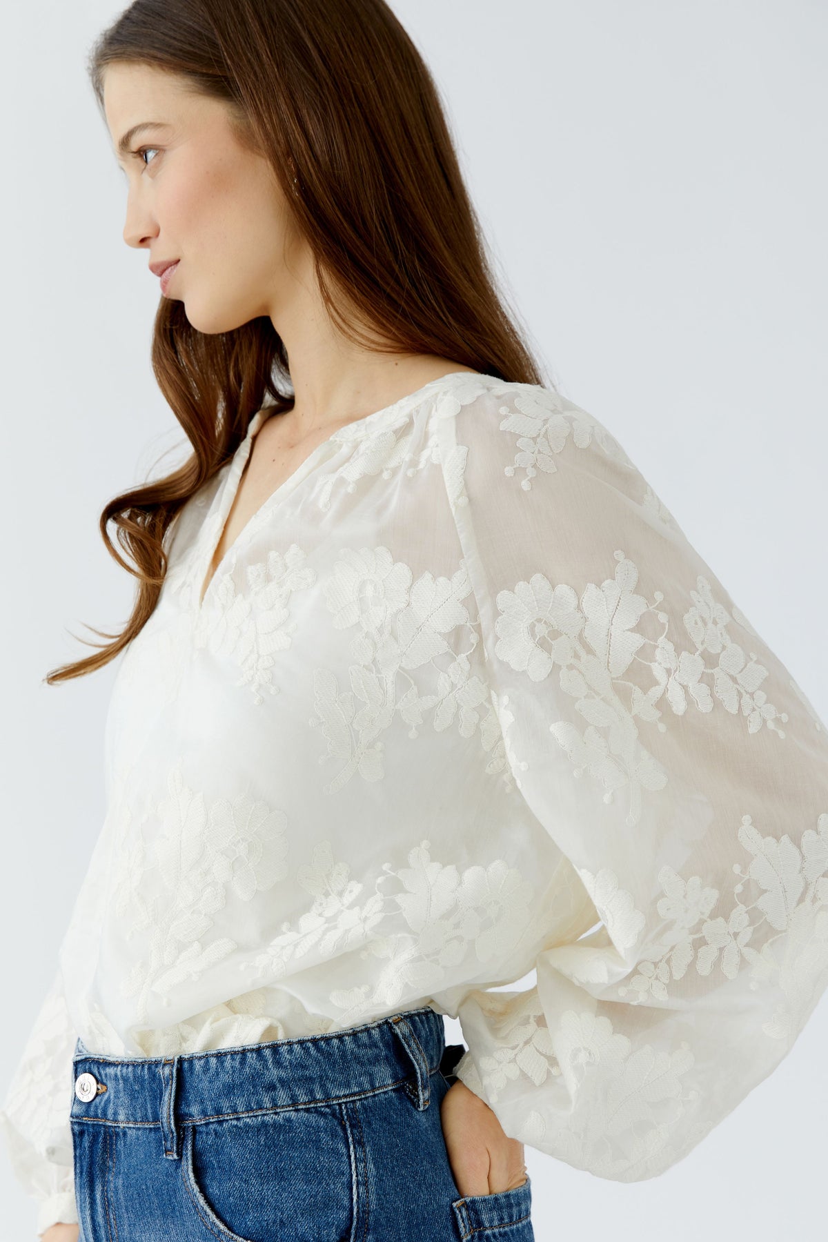 Oui semi-sheer floral blouse – sleeve and embroidery detail