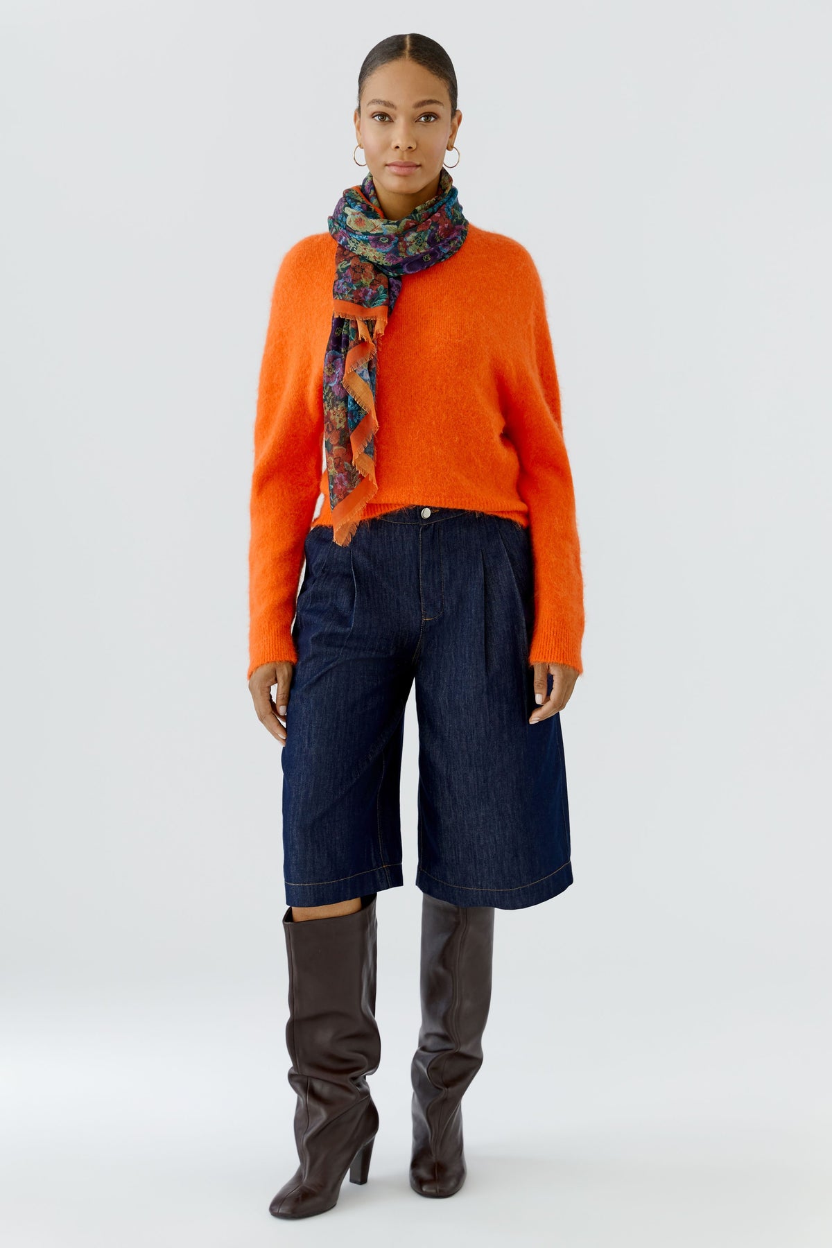Oui large multicolour floral scarf styled full length on model