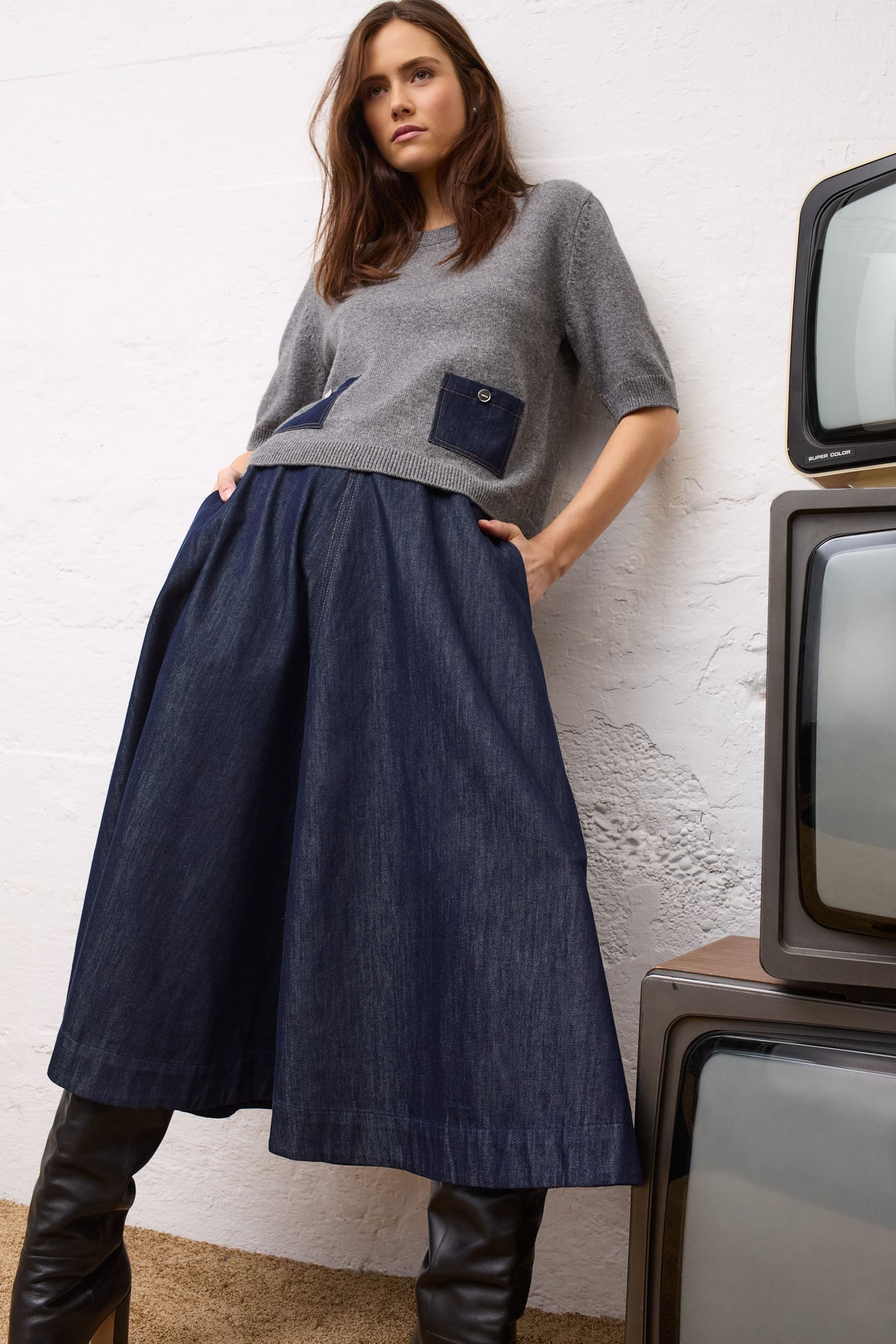 Oui women’s high-waisted denim midi skirt styled with grey knit