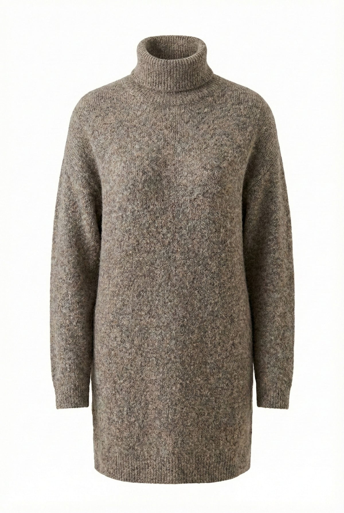 Oui taupe mélange turtleneck knitted dress with long sleeves and relaxed longline fit – front product view