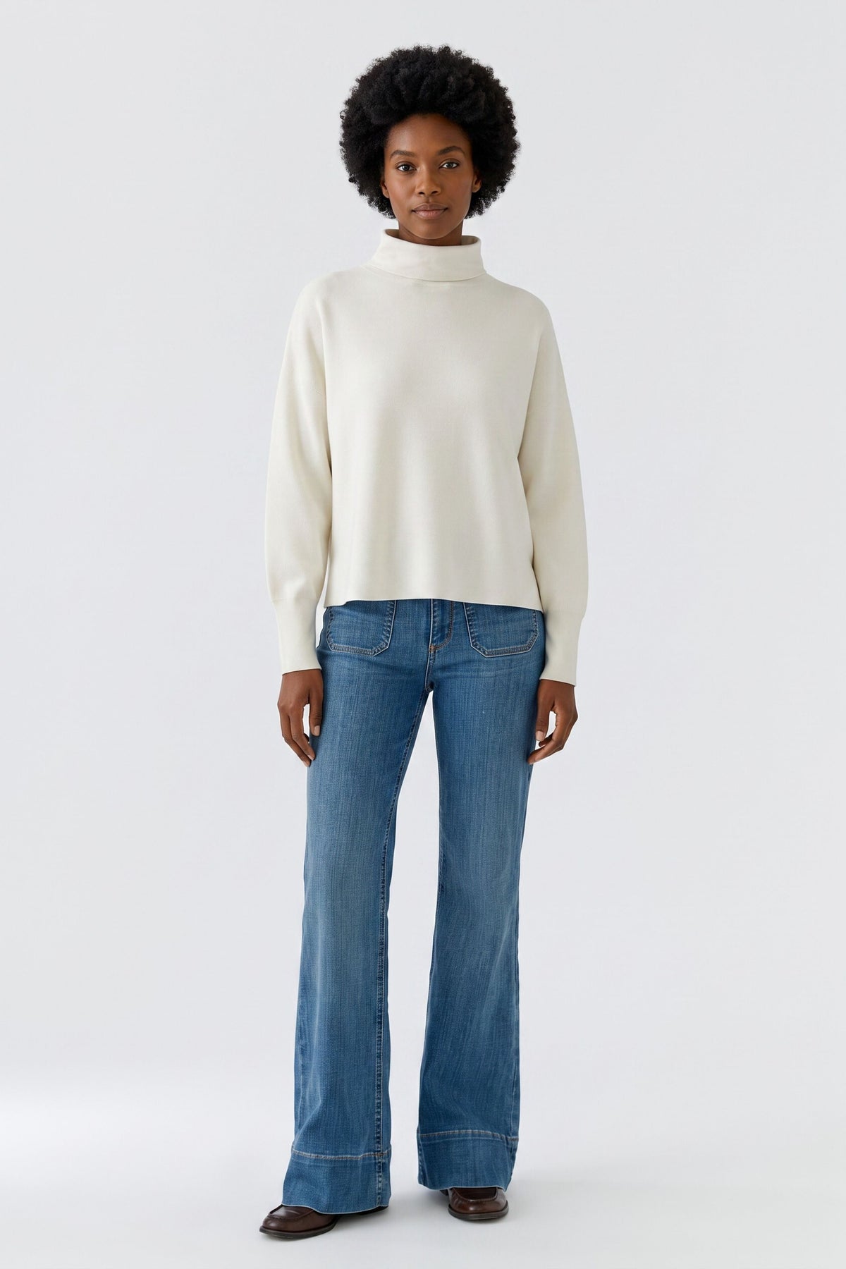 Oui cream relaxed fit turtleneck jumper – full front view