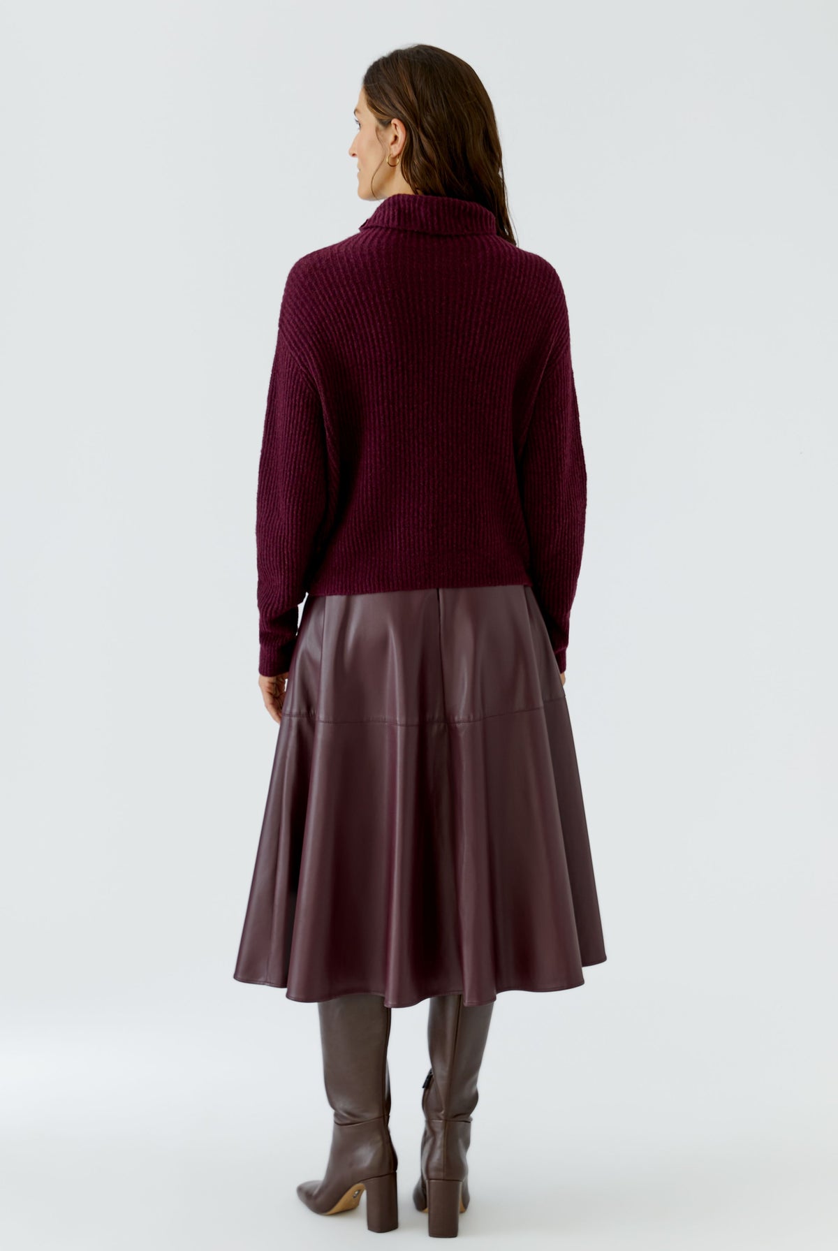 oui burgundy ribbed roll neck jumper styled with satin skirt – back model view