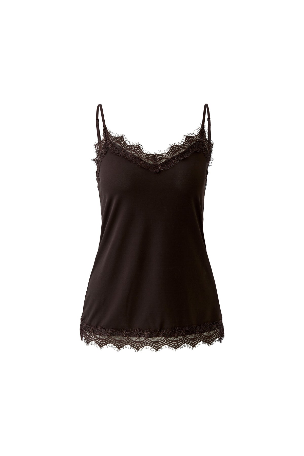 Oui brown V-neck lace camisole with adjustable straps and scalloped hem – product view