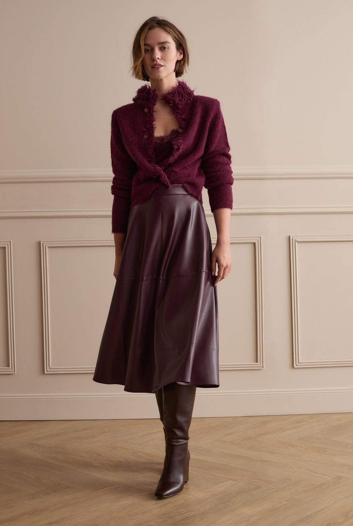 Oui burgundy lace trim cami layered with cardigan and satin midi skirt – outfit view