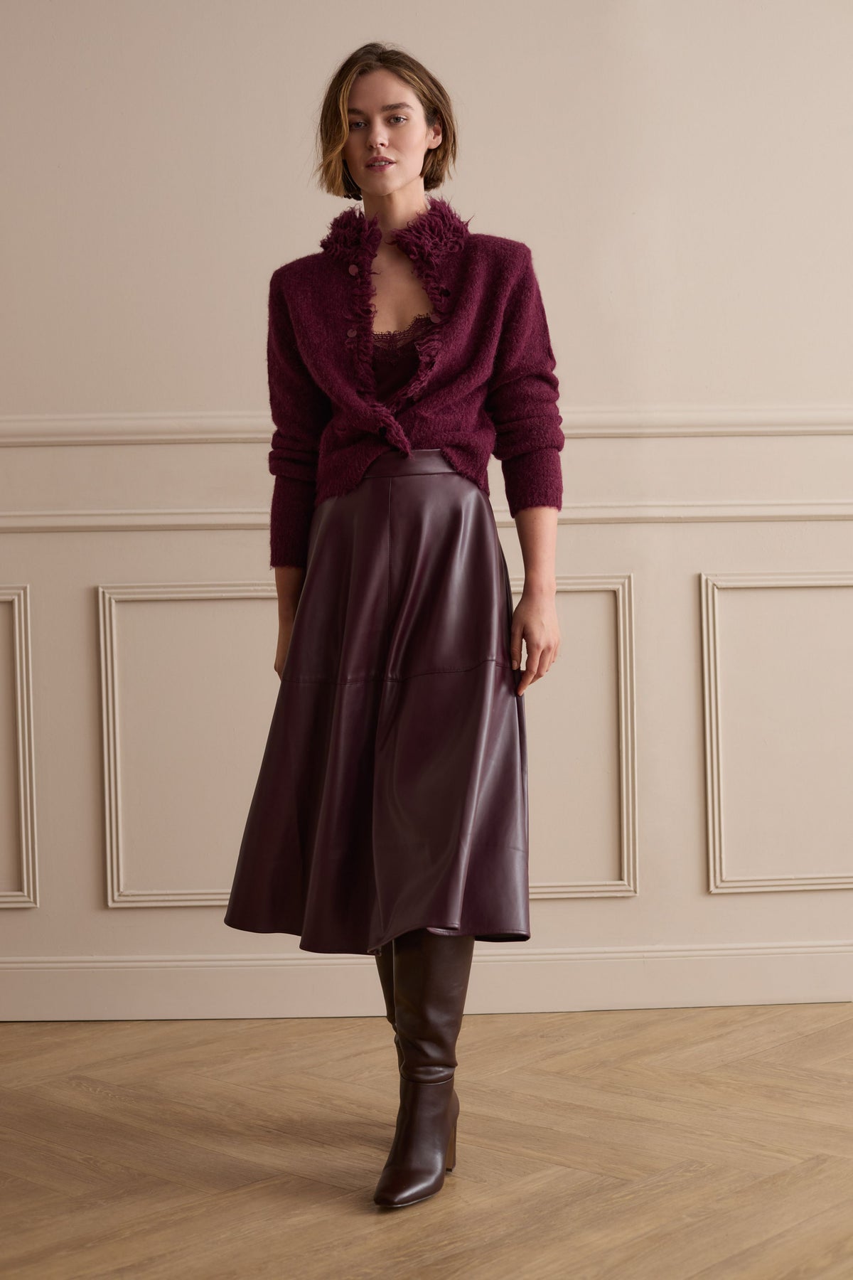 Oui burgundy lace trim cami layered with cardigan and satin midi skirt – outfit view