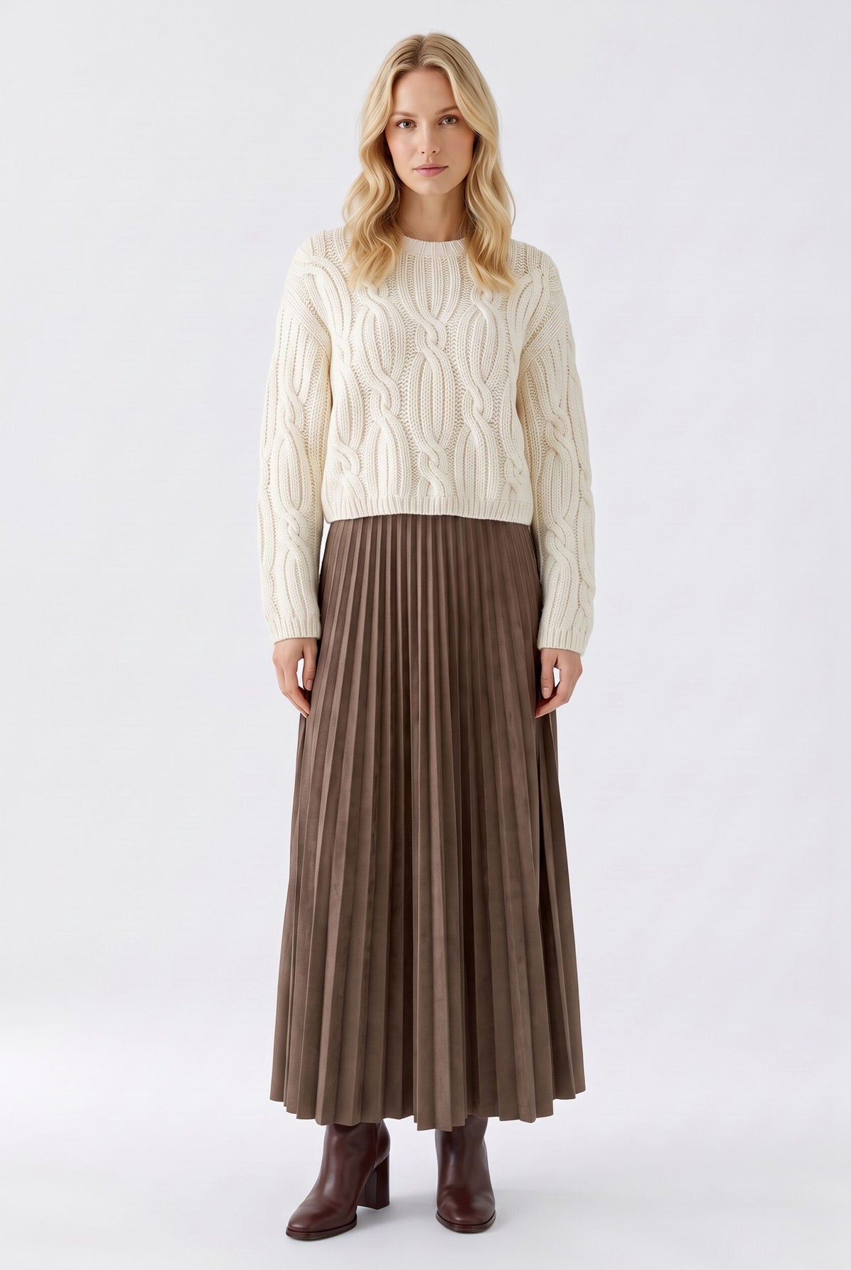 Oui brown pleated midi skirt styled with cream knit – full outfit view