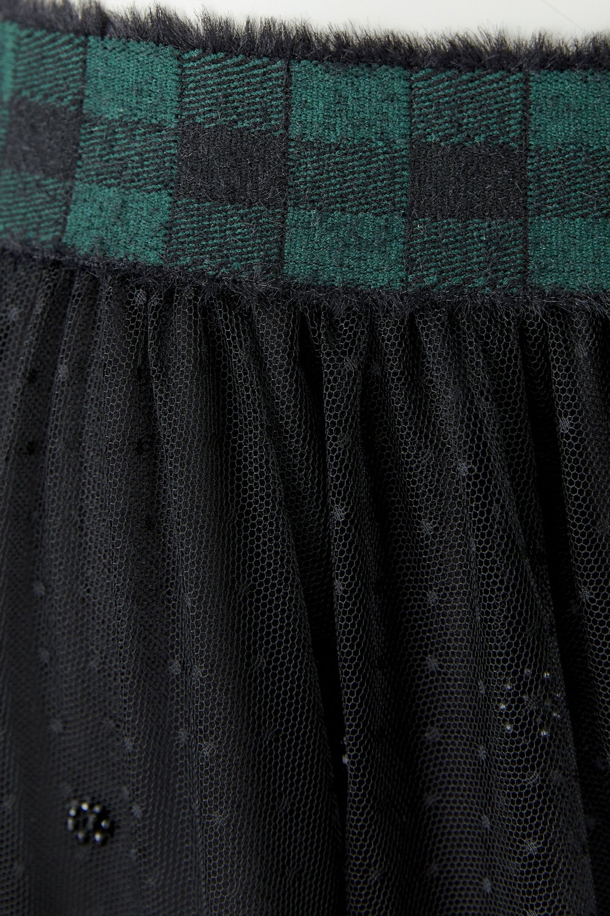 Oui black embellished tulle skirt with check waistband – close-up detail