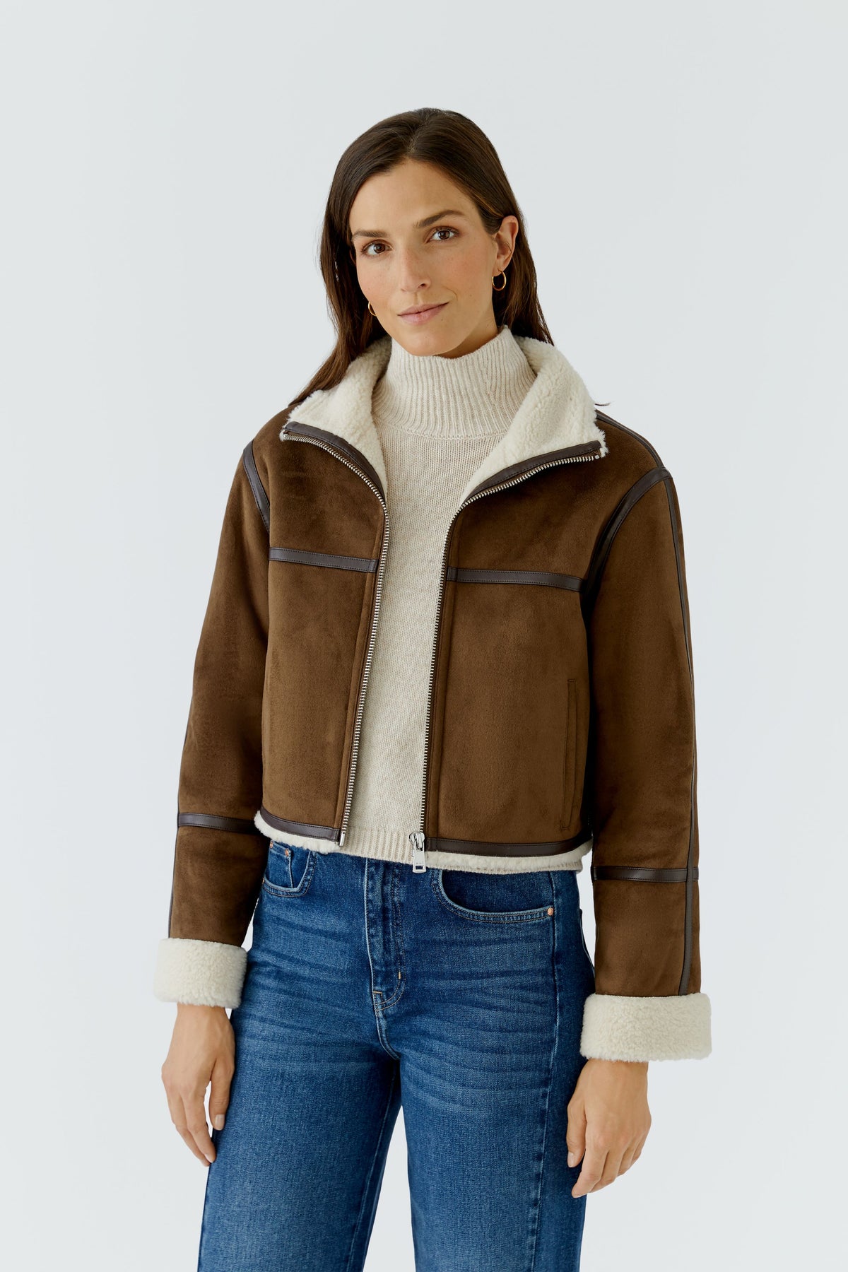 Oui brown cropped faux shearling funnel neck jacket – front model view