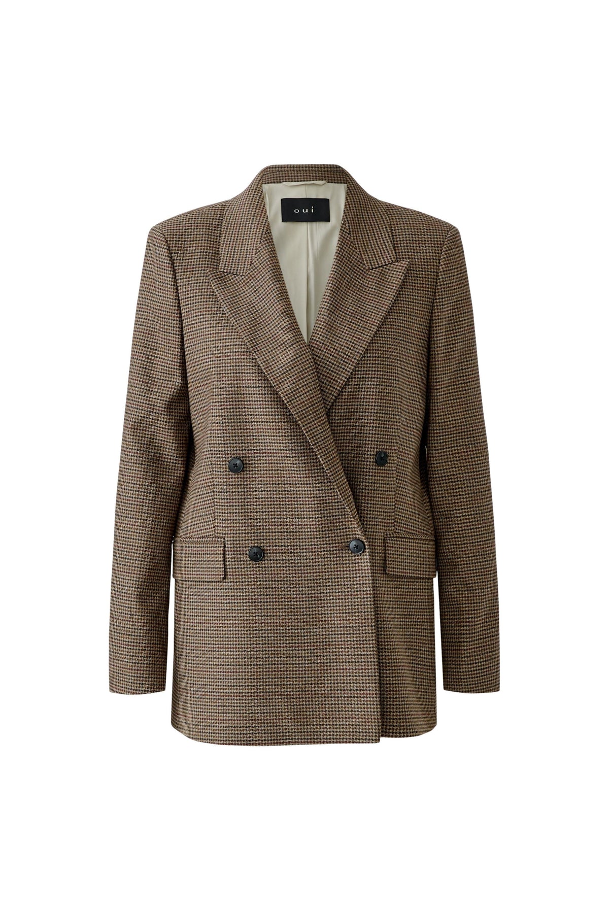 Oui brown and black double-breasted checked blazer with flap pockets – front product view