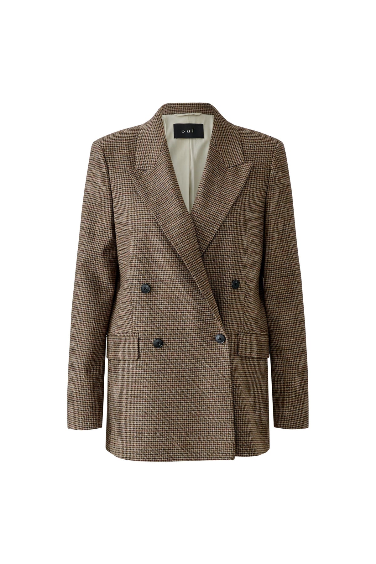 Oui brown and black double-breasted checked blazer with flap pockets – front product view