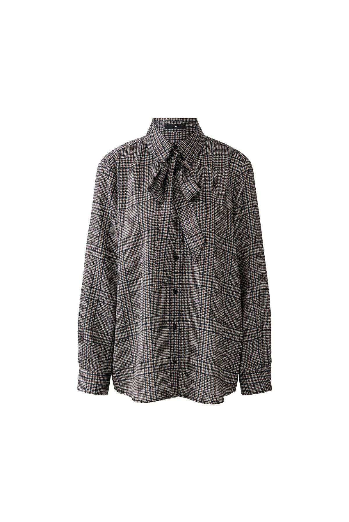 Oui brown check tie-neck blouse with button front – product front view