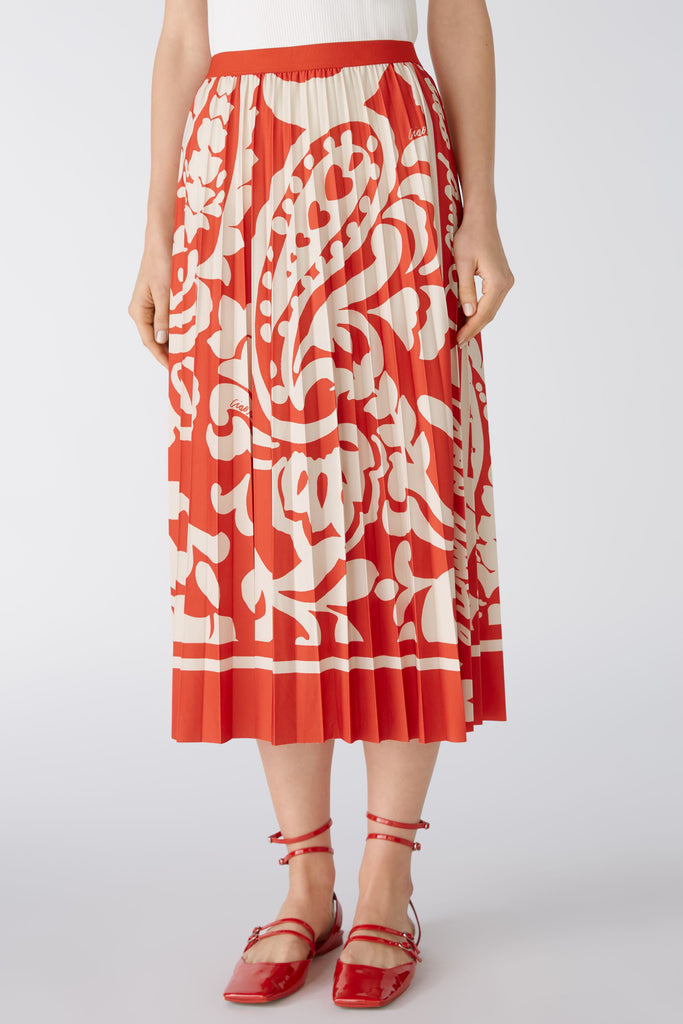 Oui Red/Cream Tropical Floral Print Pleated Midi Skirt