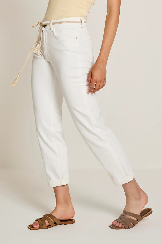 Para Mi Bobby slim leg jeans side view showing double turn up hem and stretch fit