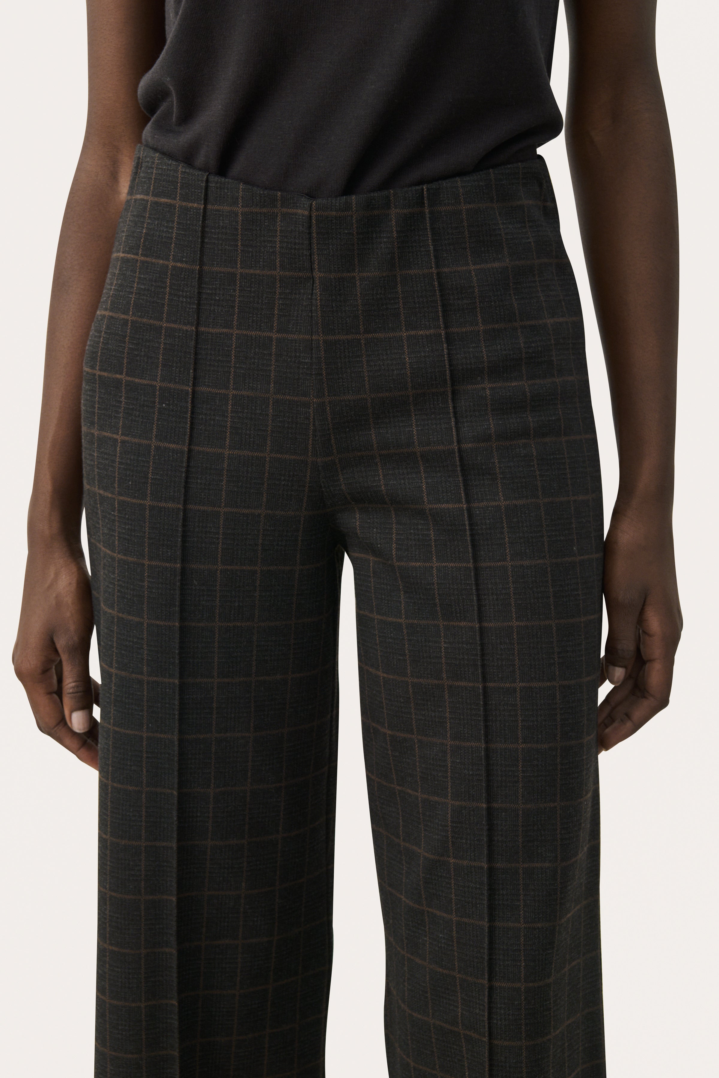 Grey check print wide leg trousers with cropped hem