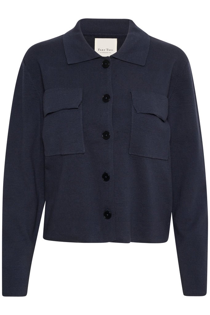 Part Two Frieda Navy Collared Patch Pocket Cardigan