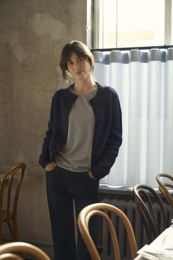 Part Two Elmie navy knit cardigan styled casually in natural light