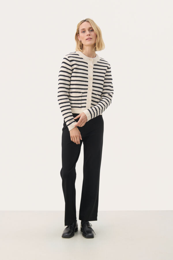 Part Two striped knit cardigan styled with slim black trousers