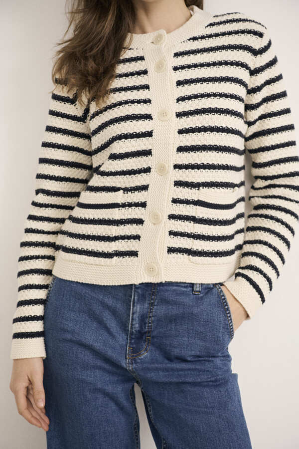 Striped navy and cream cropped knit cardigan by Part Two – front view