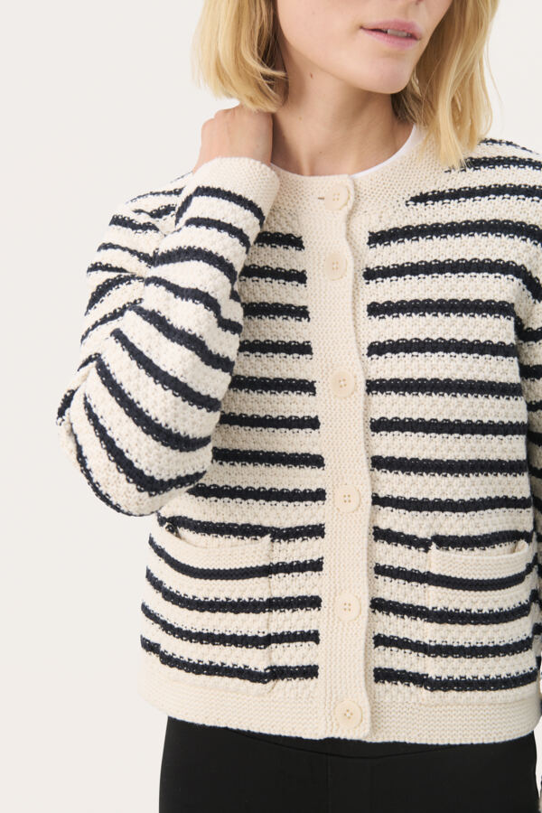 Part Two Elmie cardigan in navy and cream stripe with front pockets