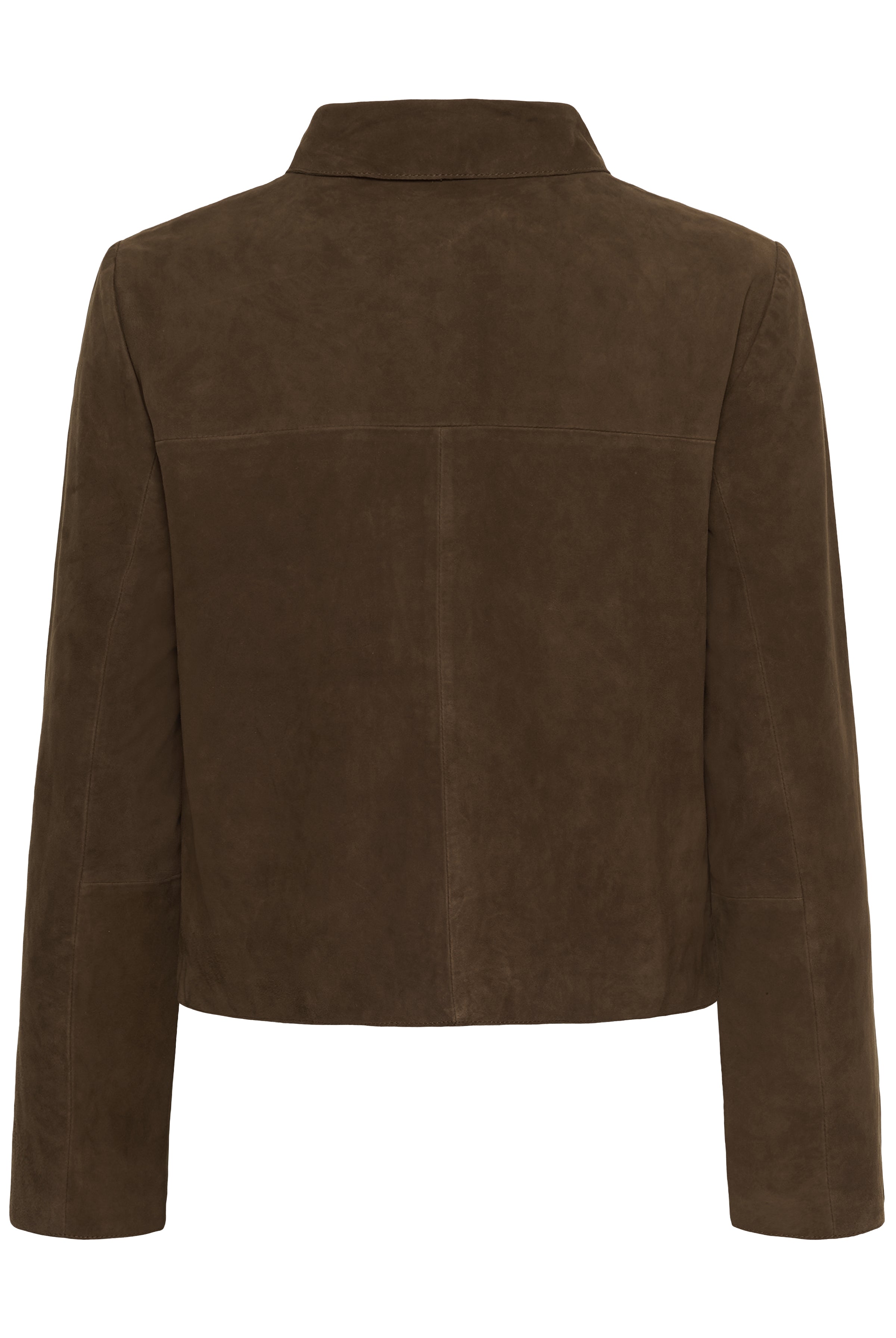 Part Two Nema suede jacket in brown, back view showing cropped length over long shirt