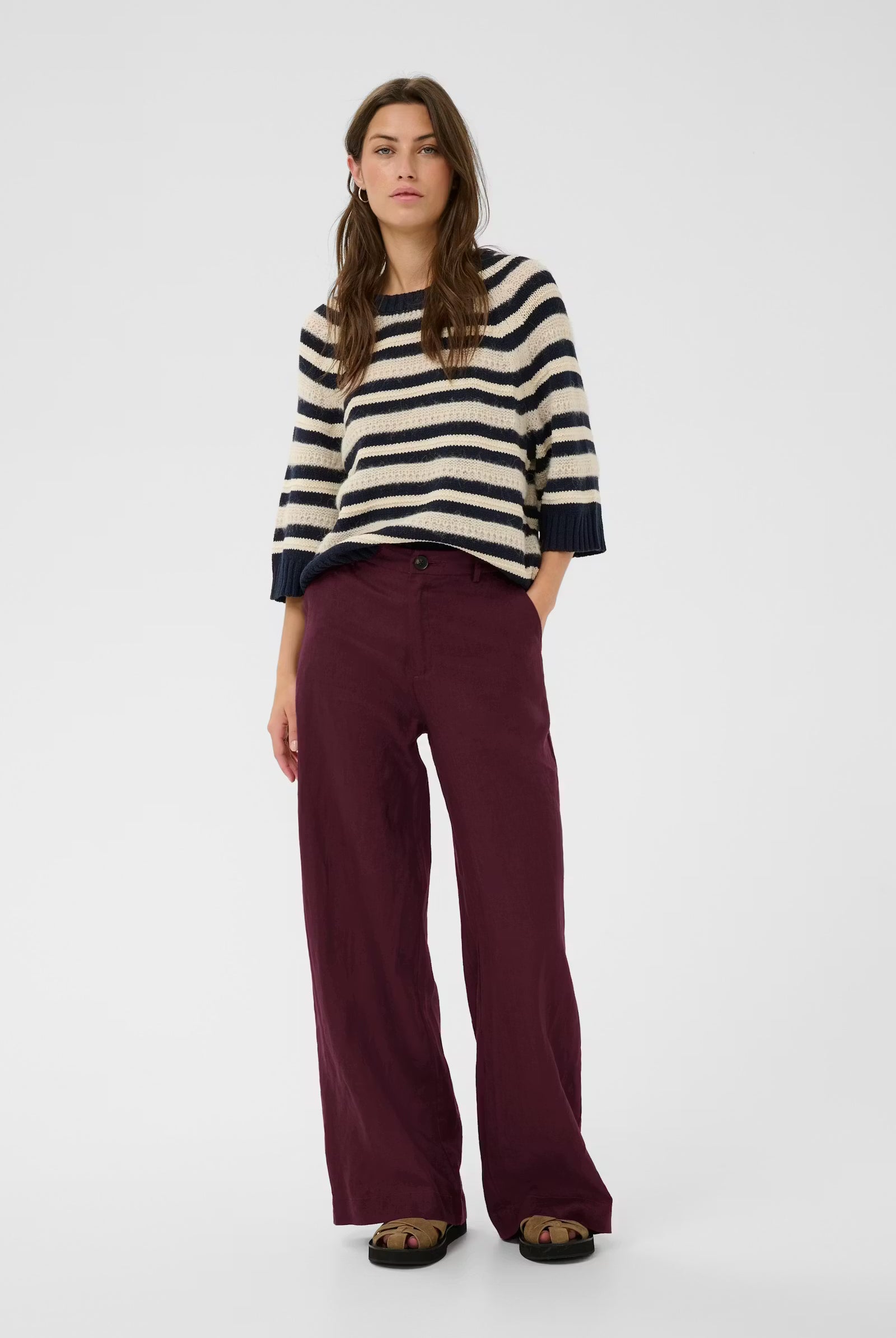 Part Two Ninnes burgundy wide leg linen trousers styled outfit women’s linen trousers
