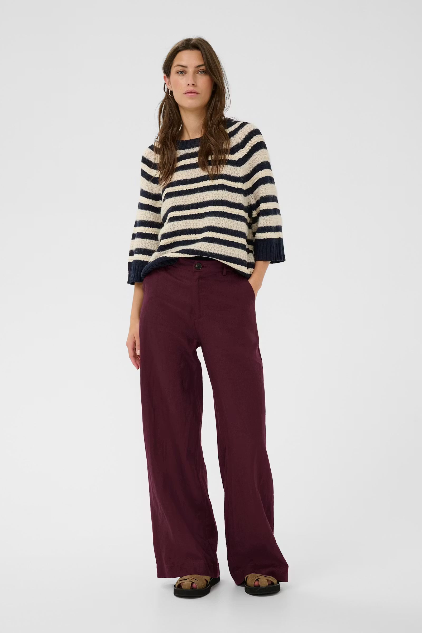 Part Two Ninnes burgundy wide leg linen trousers styled outfit women’s linen trousers