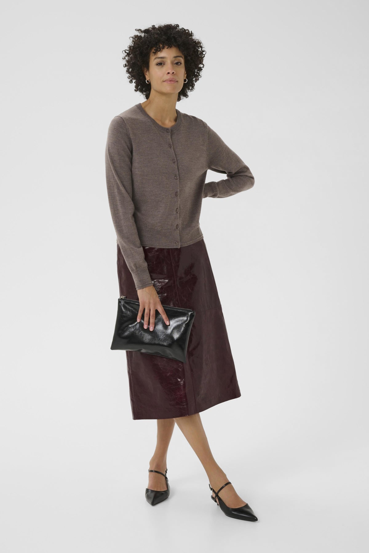 Part Two NoelaniPW taupe colour wool cardigan on model, front view with round neckline and button-down front.