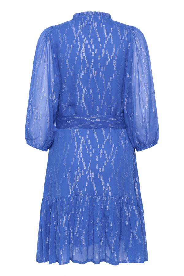 Back of blue Part Two dress showing elasticated waist and volume Sleeves