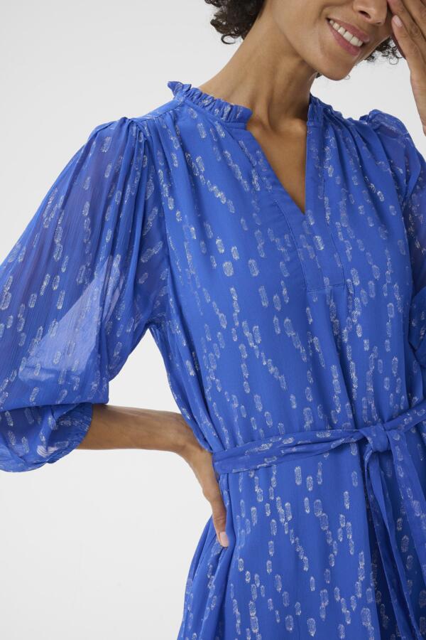 Close-up of Part Two Tannie blue lurex fabric with subtle shimmer detailing