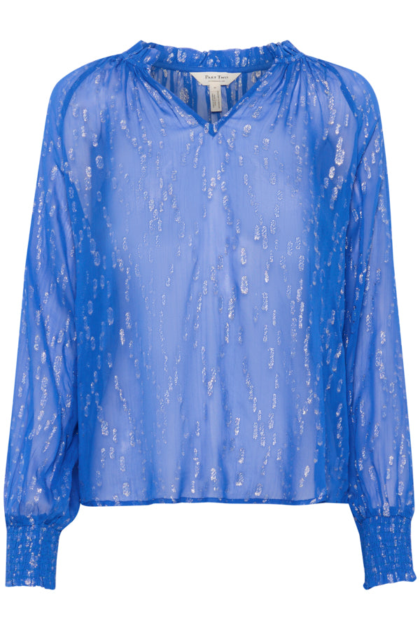 Flat lay of blue sheer puff sleeve blouse in shimmering blue lurex