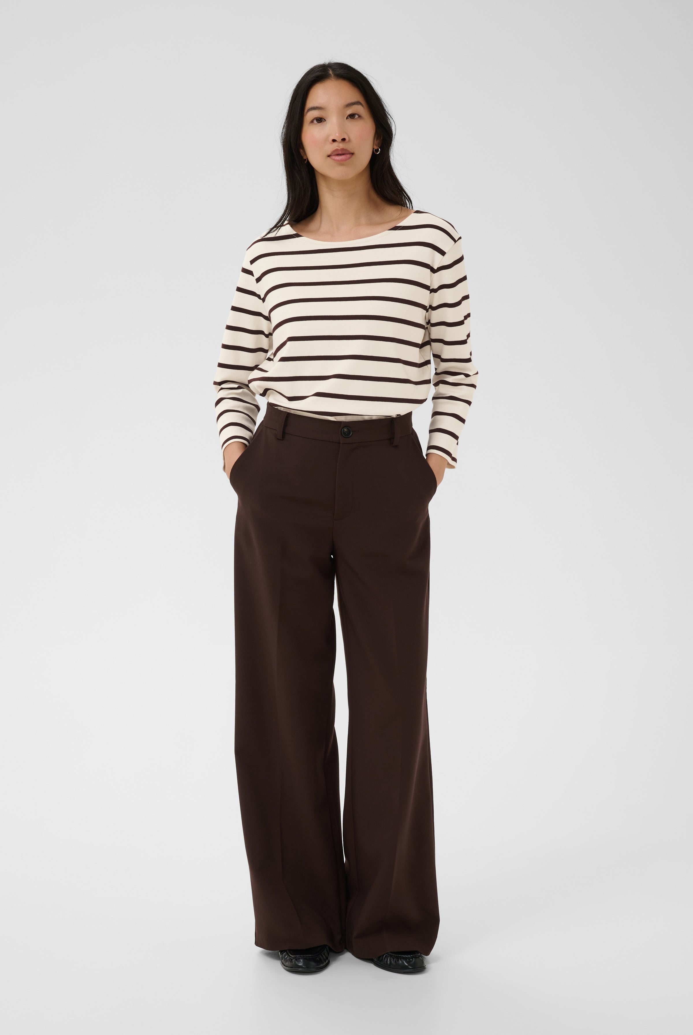 Part Two Breton stripe long sleeve top styled with brown trousers